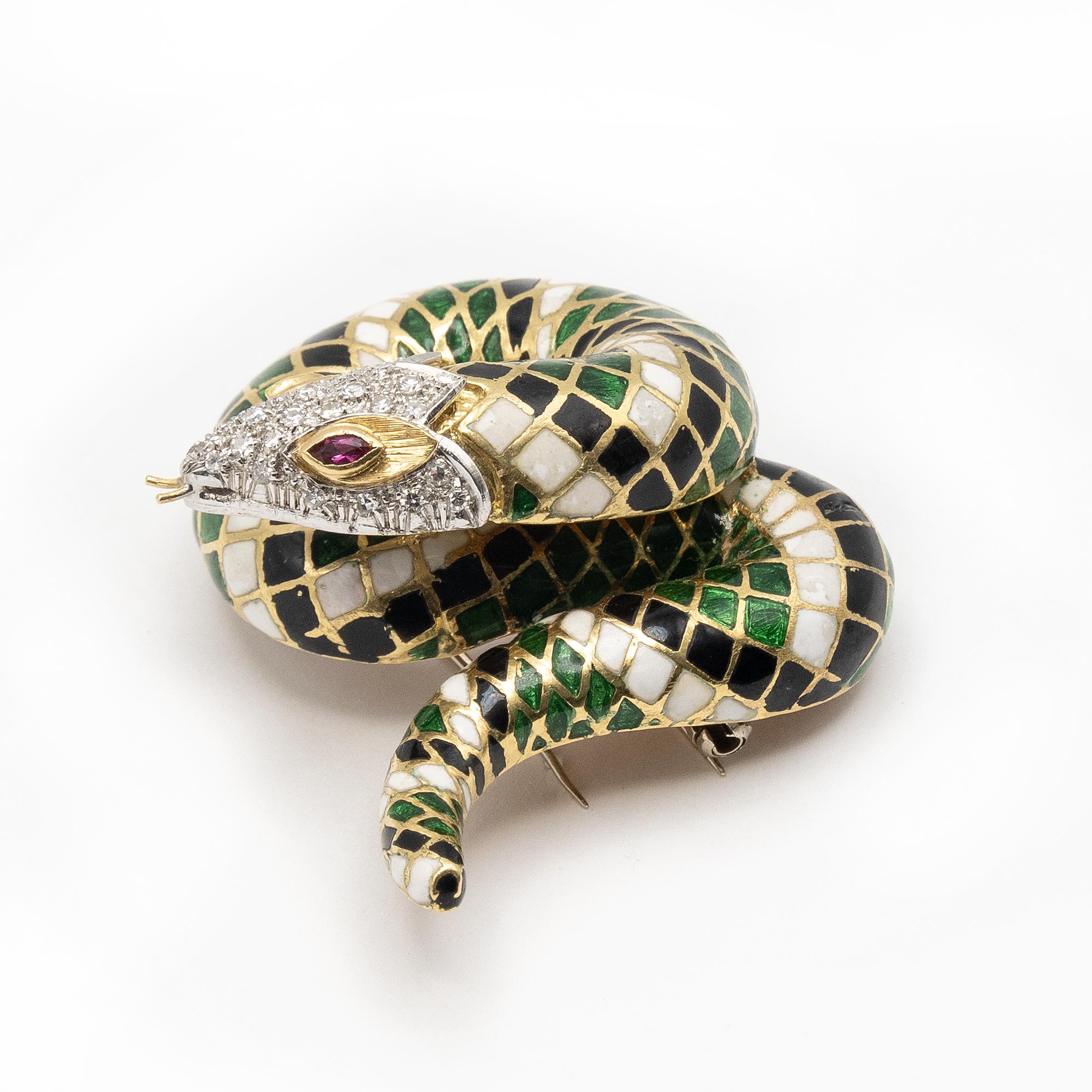 TOLIRO 18K Yellow Gold Diamond Ruby Enamel Snake Brooch For Sale 3