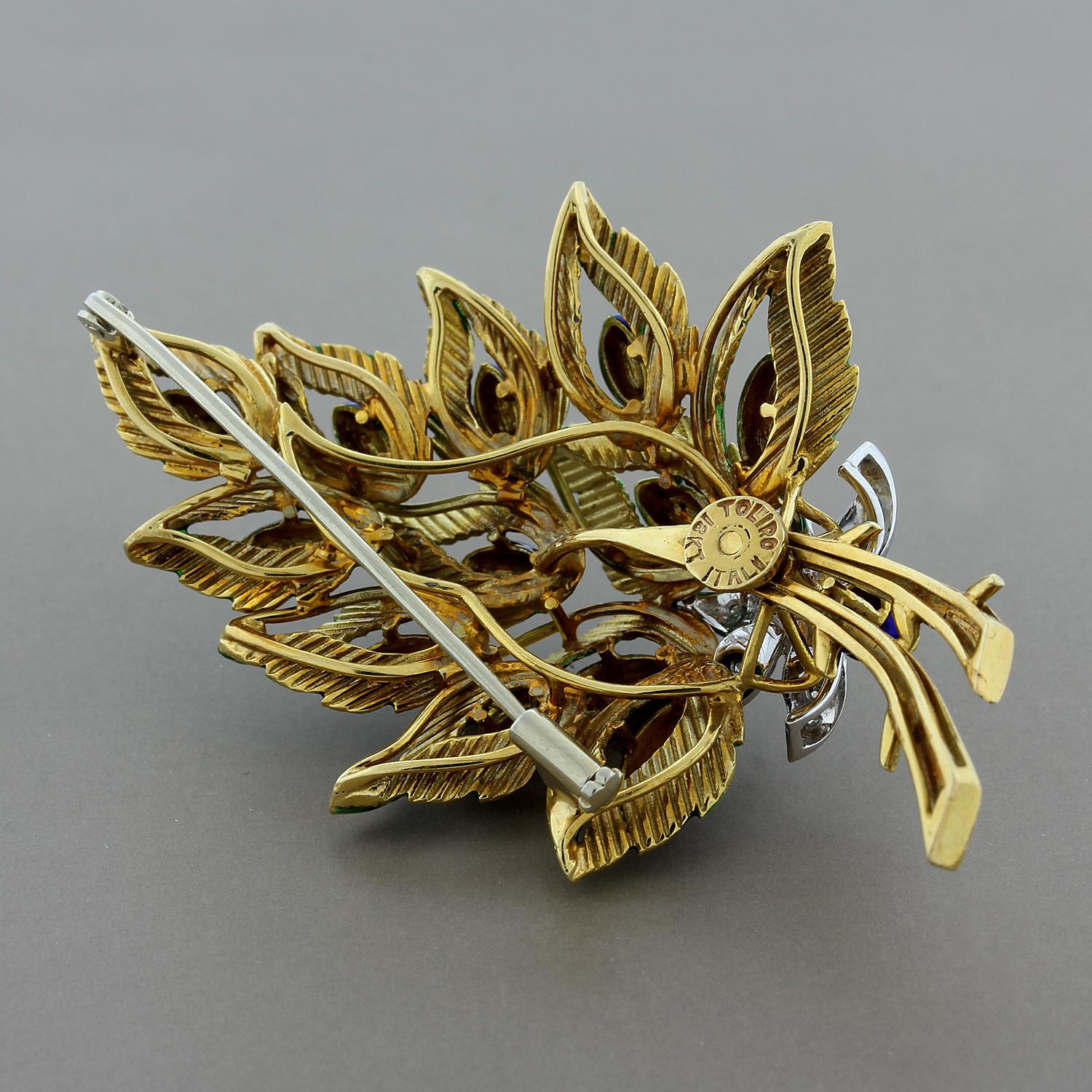 Toliro Diamond Enamel Floral Bouquet Gold Brooch In Excellent Condition In Beverly Hills, CA