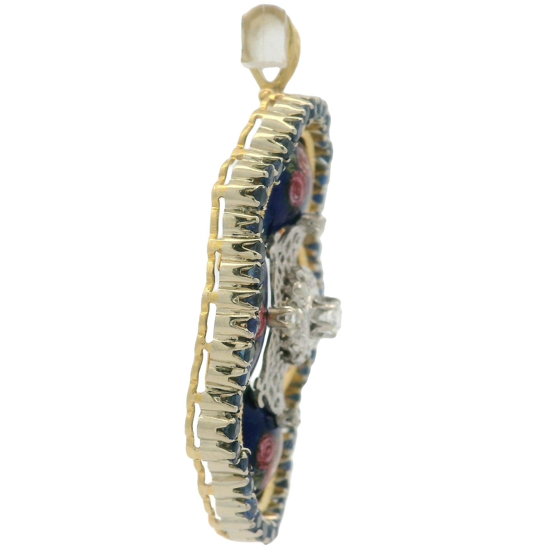 Toliro Pendentif floral italien en or jaune, saphirs, diamants et émail peint à la main en vente 5