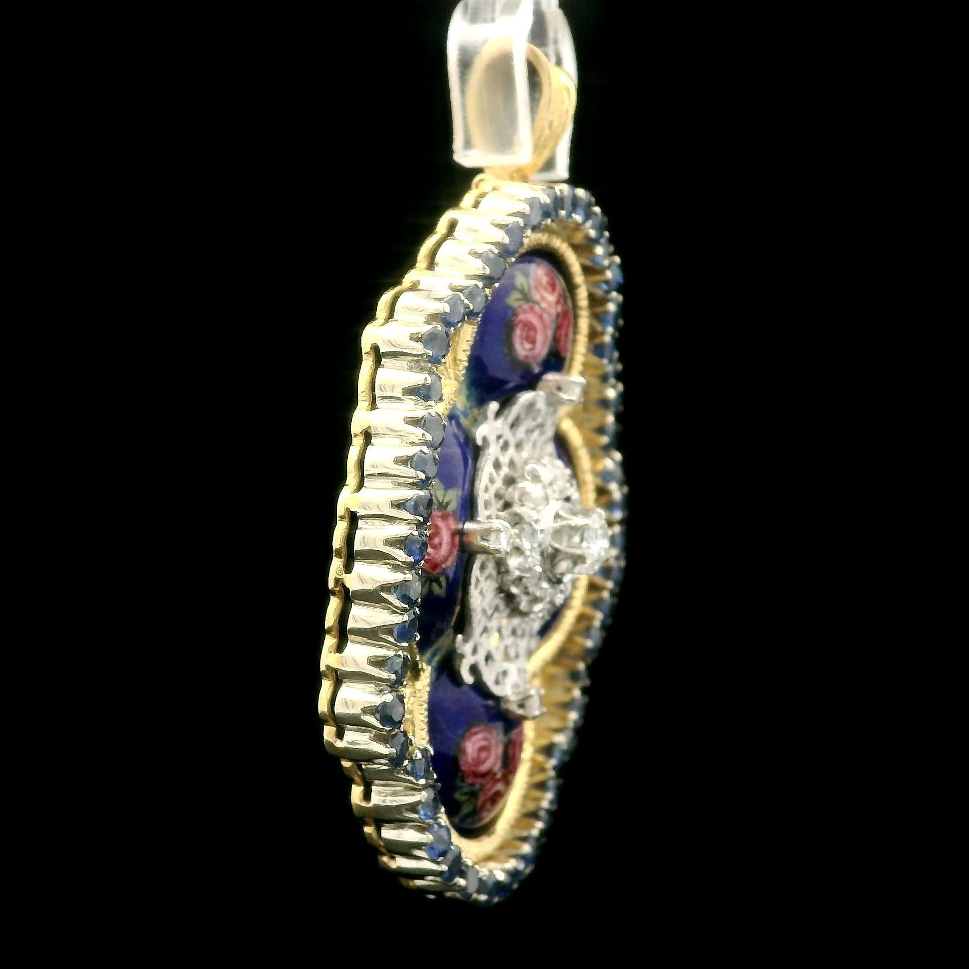 Toliro Pendentif floral italien en or jaune, saphirs, diamants et émail peint à la main en vente 6