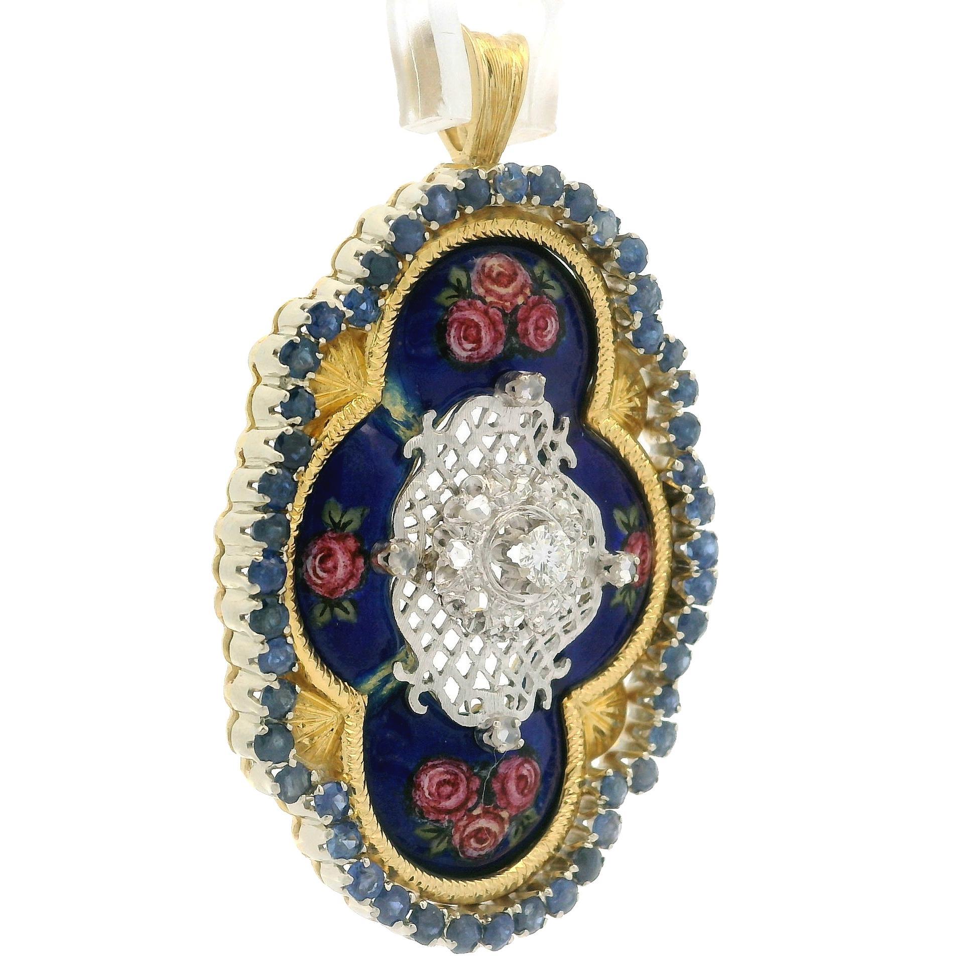 Toliro Pendentif floral italien en or jaune, saphirs, diamants et émail peint à la main en vente 7