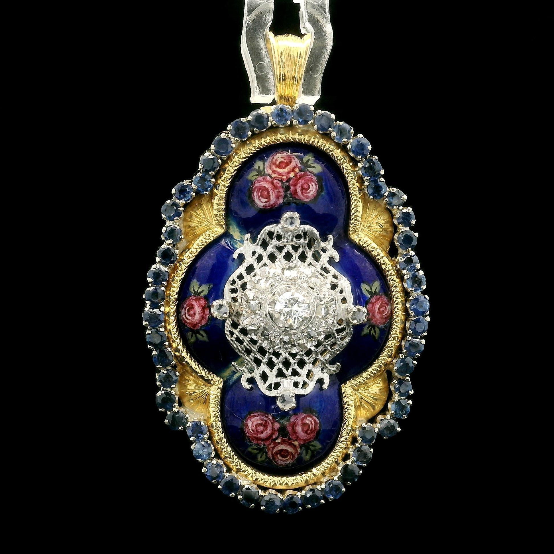 Toliro Pendentif floral italien en or jaune, saphirs, diamants et émail peint à la main en vente 8