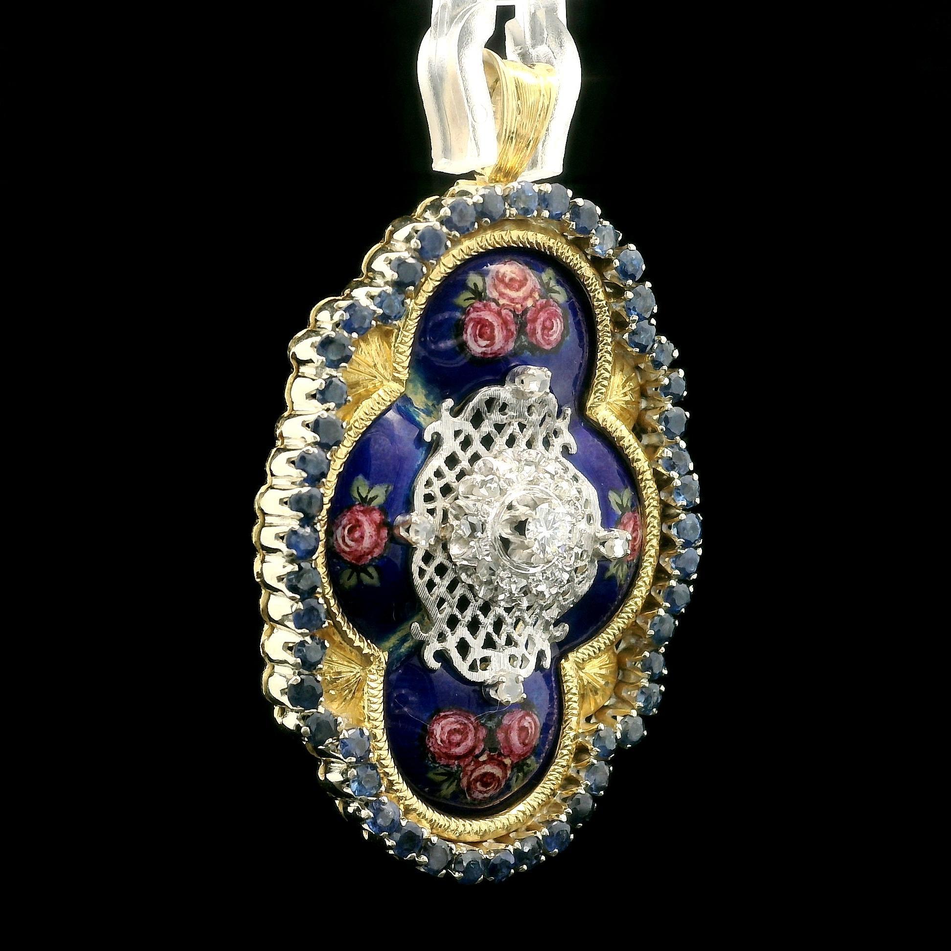 Taille ronde Toliro Pendentif floral italien en or jaune, saphirs, diamants et émail peint à la main en vente