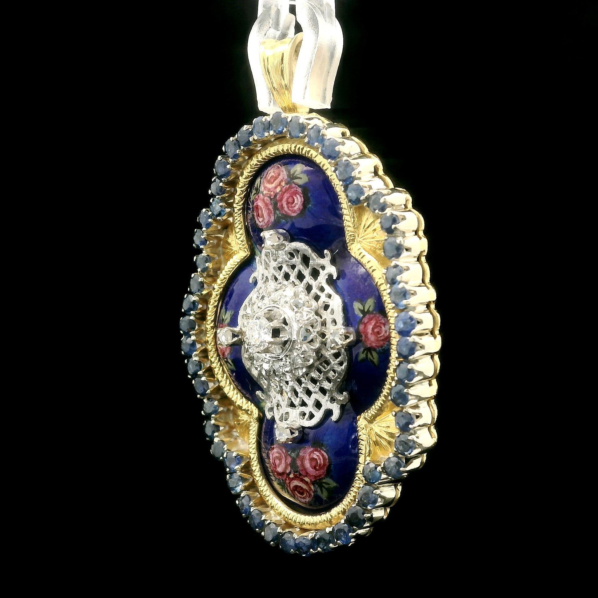 Toliro Pendentif floral italien en or jaune, saphirs, diamants et émail peint à la main Bon état - En vente à Montclair, NJ