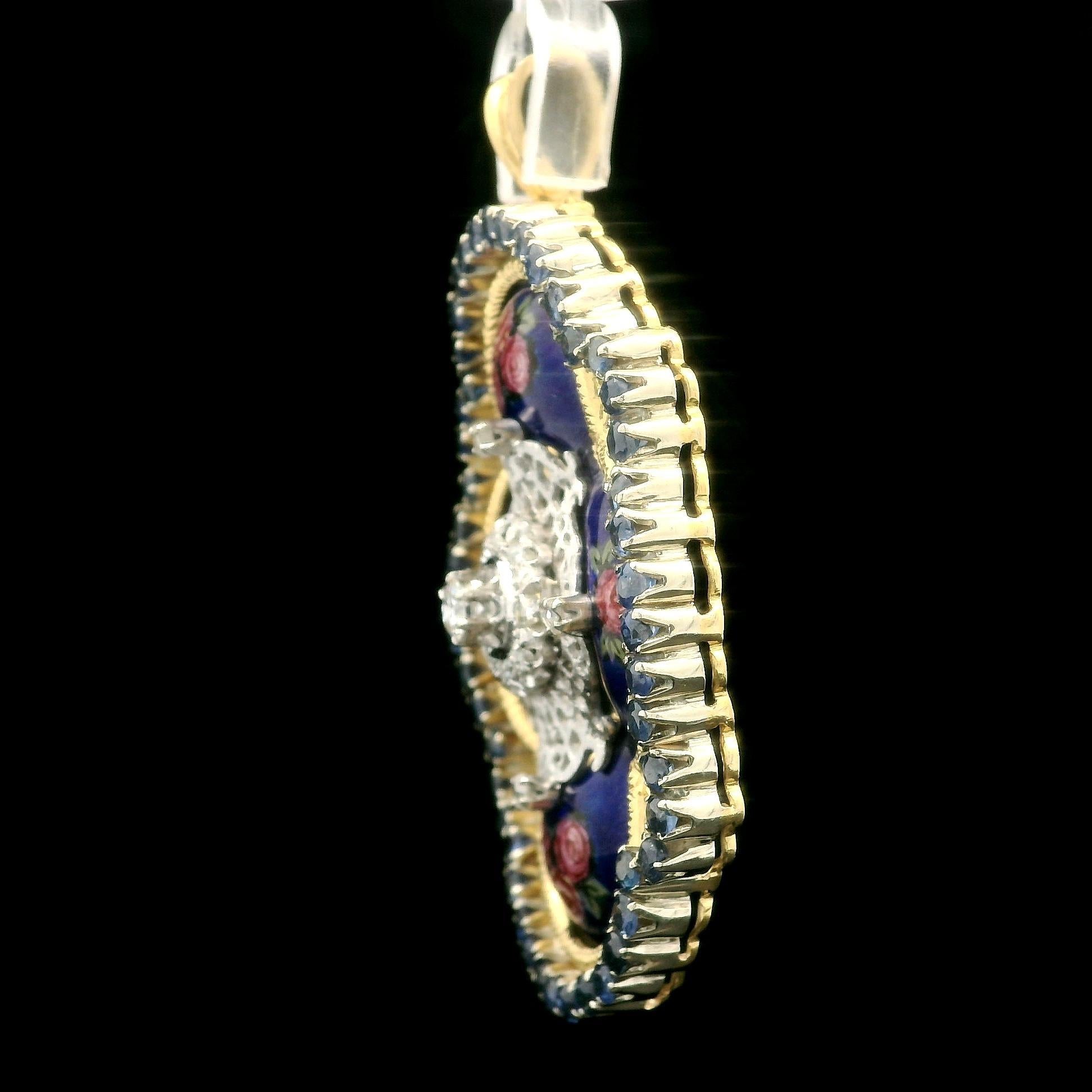 Toliro Pendentif floral italien en or jaune, saphirs, diamants et émail peint à la main Pour femmes en vente