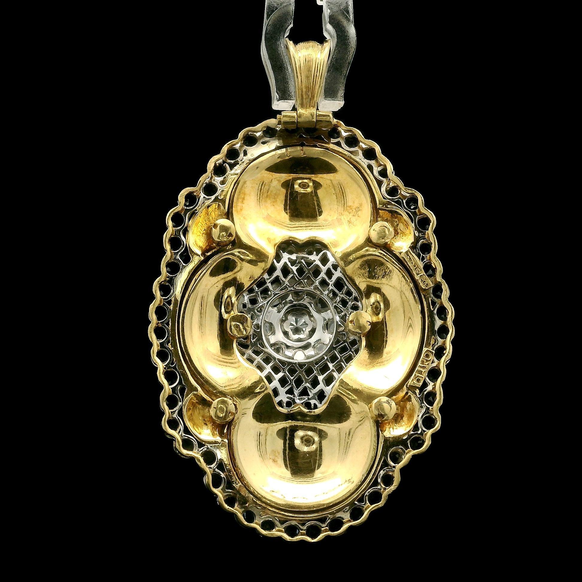 Toliro Pendentif floral italien en or jaune, saphirs, diamants et émail peint à la main en vente 1