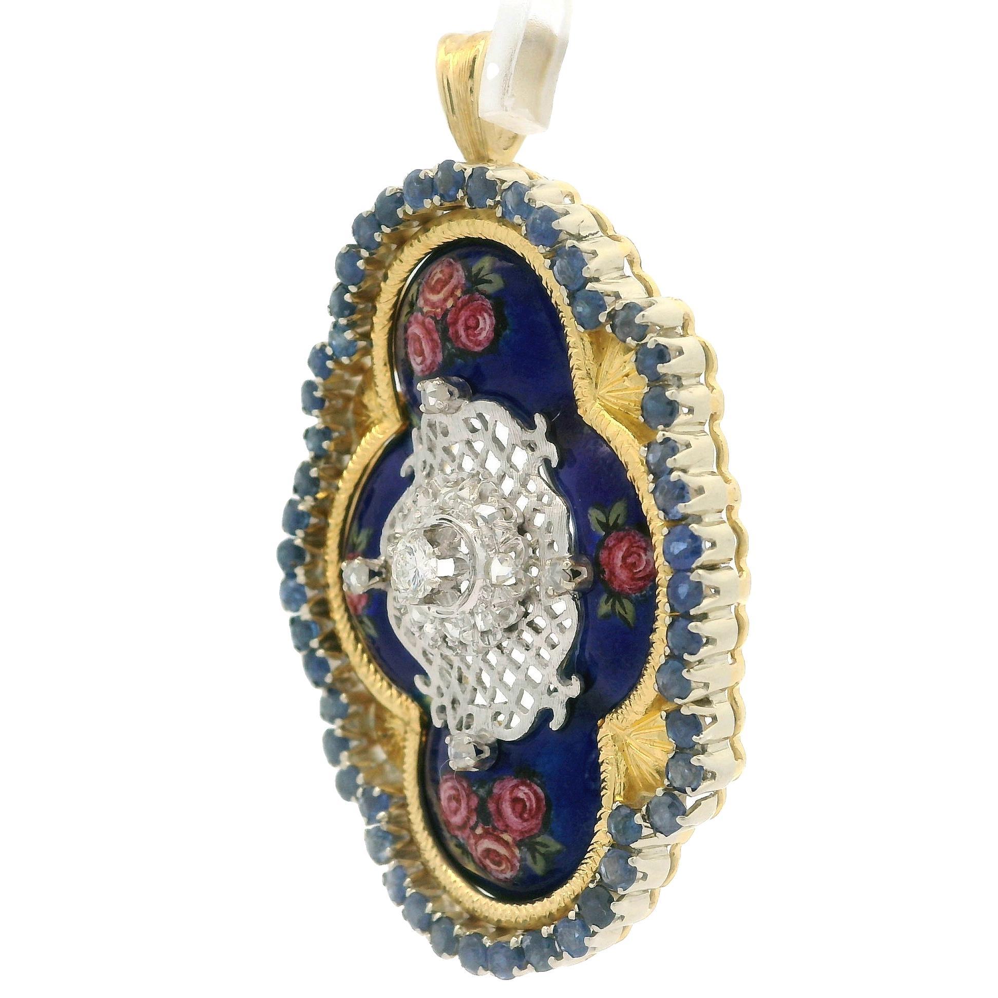 Toliro Pendentif floral italien en or jaune, saphirs, diamants et émail peint à la main en vente 2