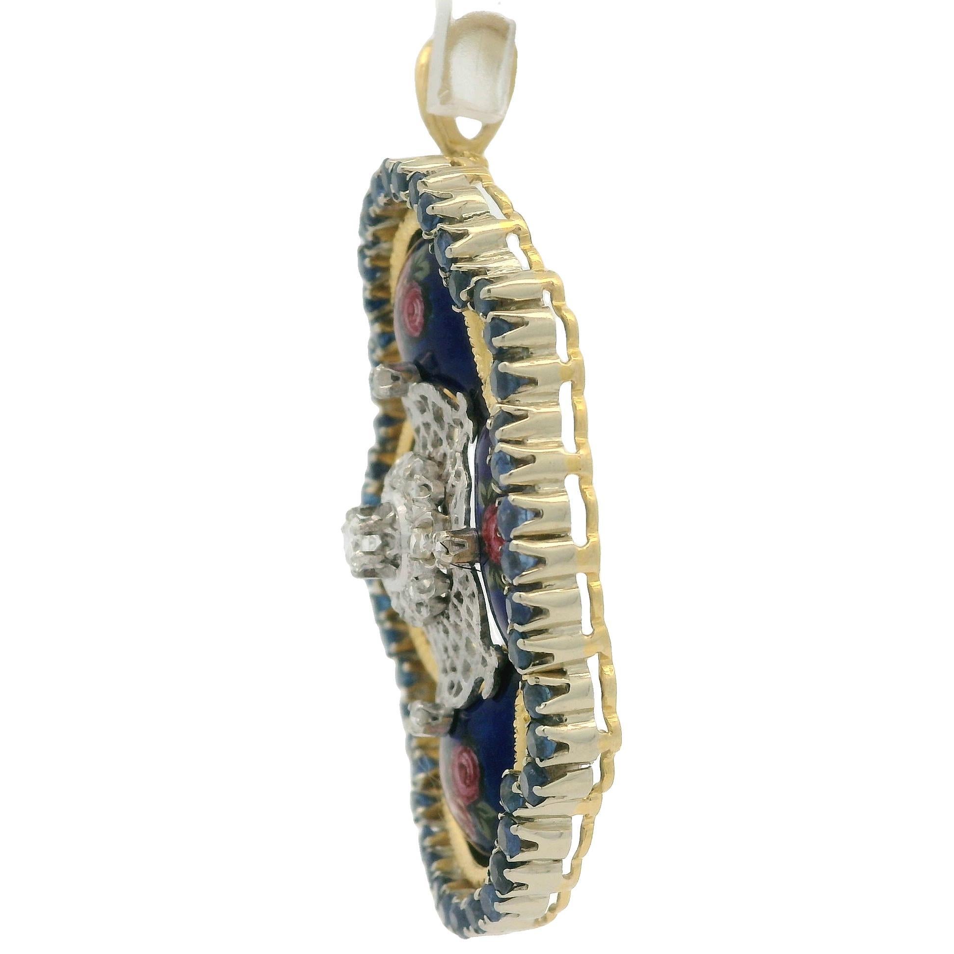 Toliro Pendentif floral italien en or jaune, saphirs, diamants et émail peint à la main en vente 3