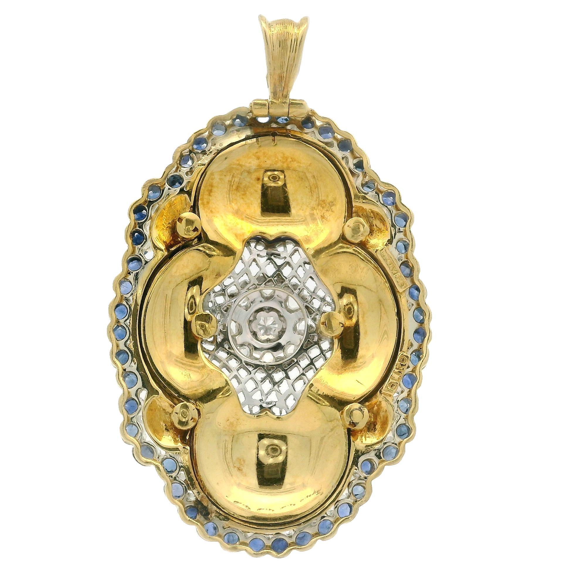 Toliro Pendentif floral italien en or jaune, saphirs, diamants et émail peint à la main en vente 4