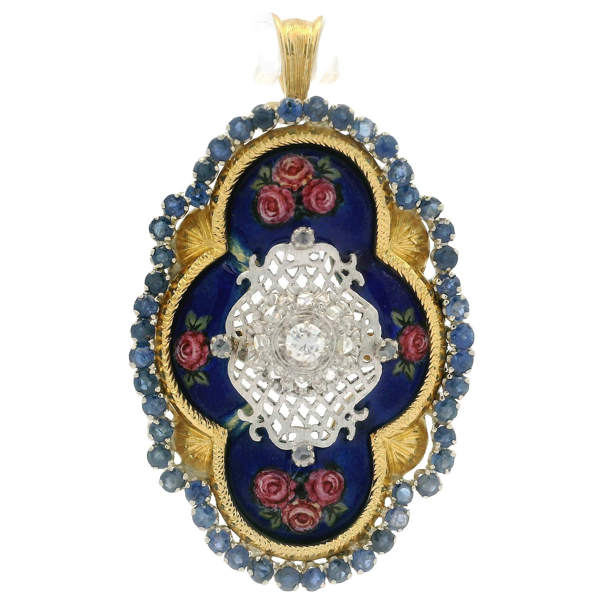 Toliro Pendentif floral italien en or jaune, saphirs, diamants et émail peint à la main en vente
