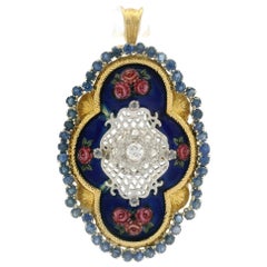 Toliro Italian Yellow Gold Sapphire & Diamond Hand Painted Enamel Floral Pendant