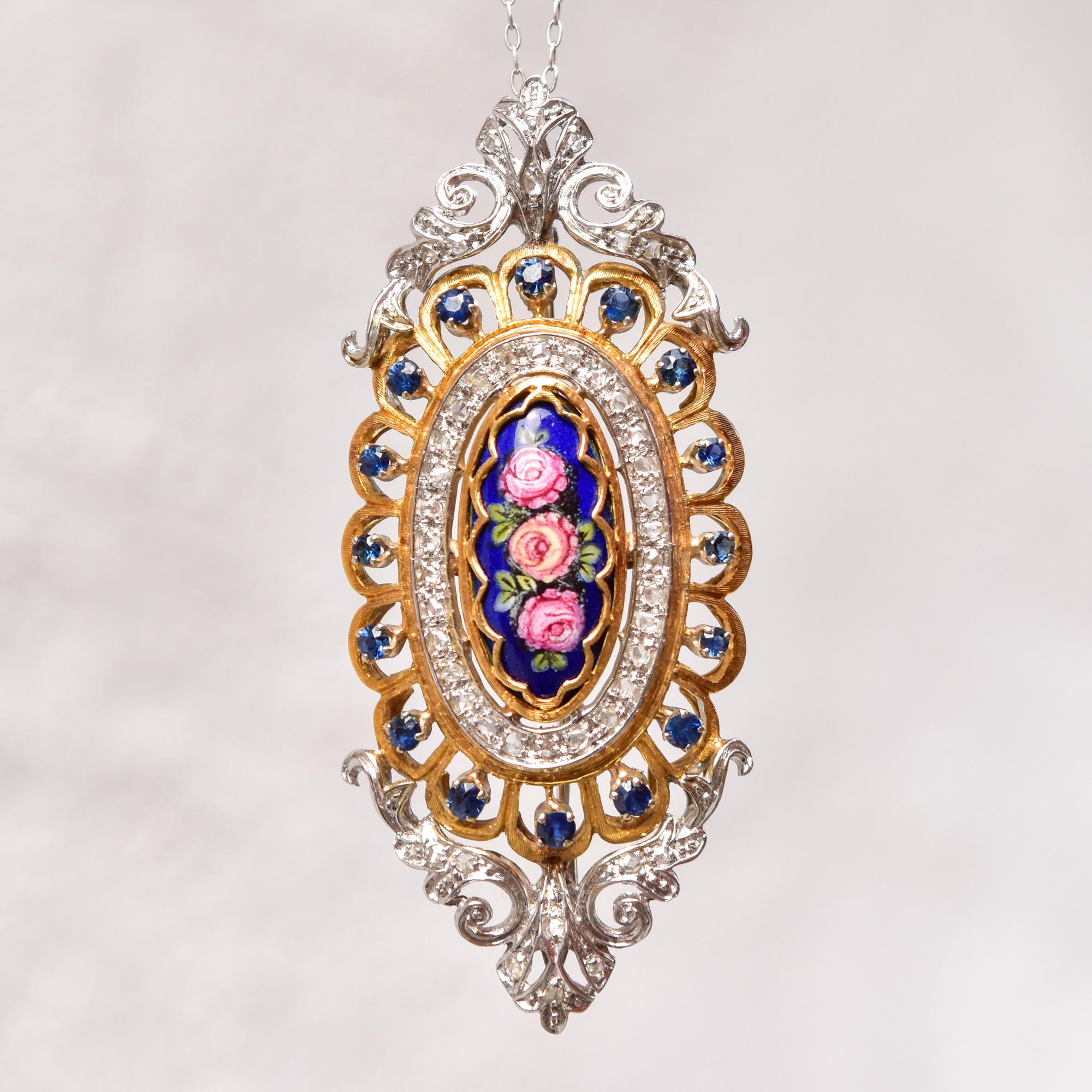 Round Cut Toliro Italy 18K Diamond Encrusted Sapphire Enamel Flower Brooch Pendant For Sale