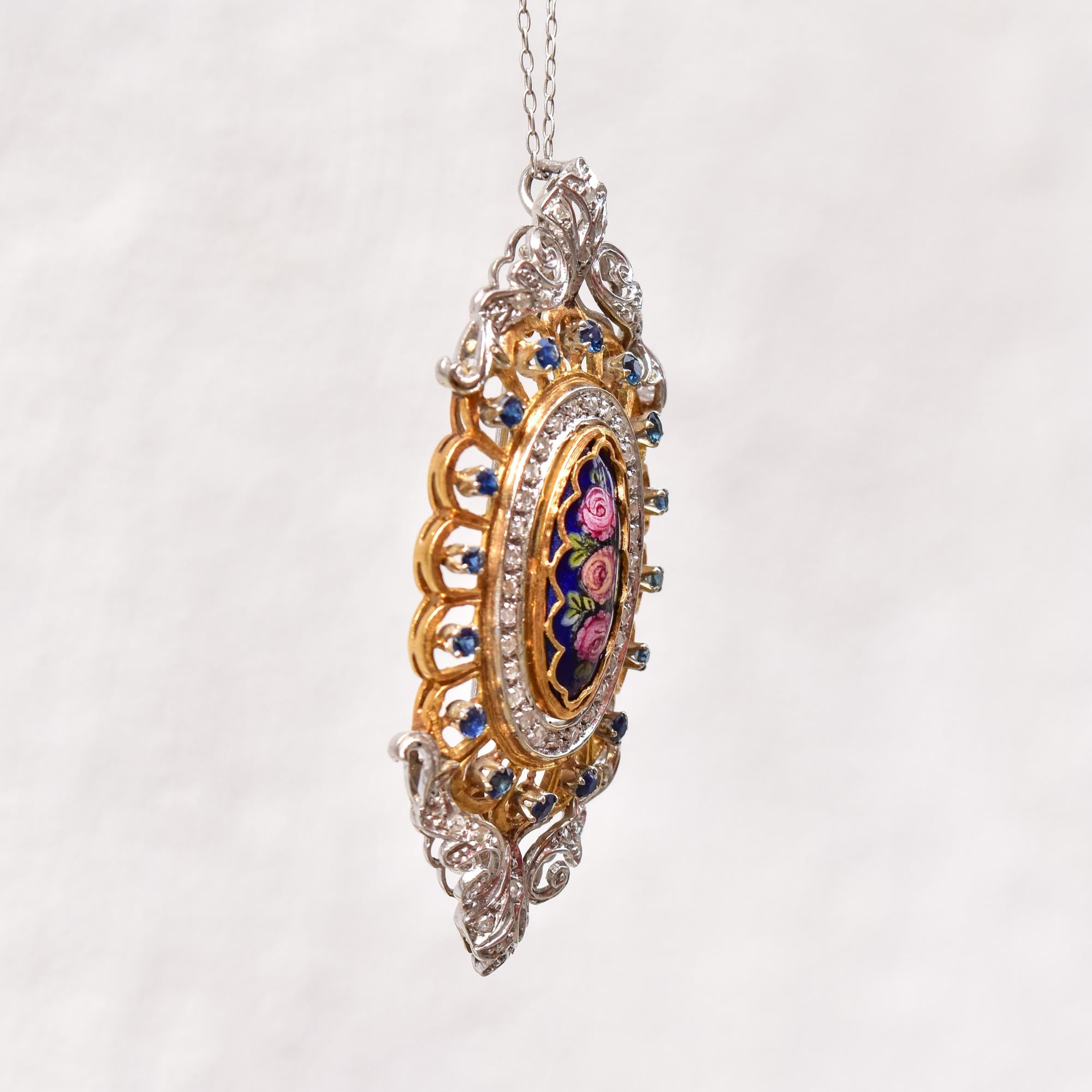 Toliro Italy 18K Diamond Encrusted Sapphire Enamel Flower Brooch Pendant In Good Condition For Sale In Philadelphia, PA