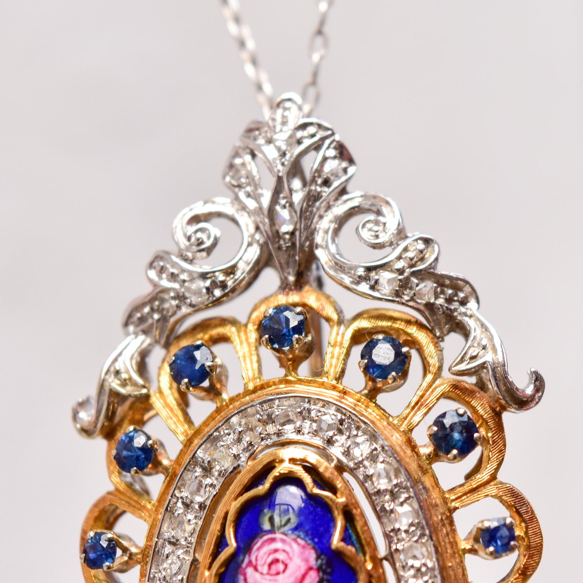 Women's or Men's Toliro Italy 18K Diamond Encrusted Sapphire Enamel Flower Brooch Pendant For Sale