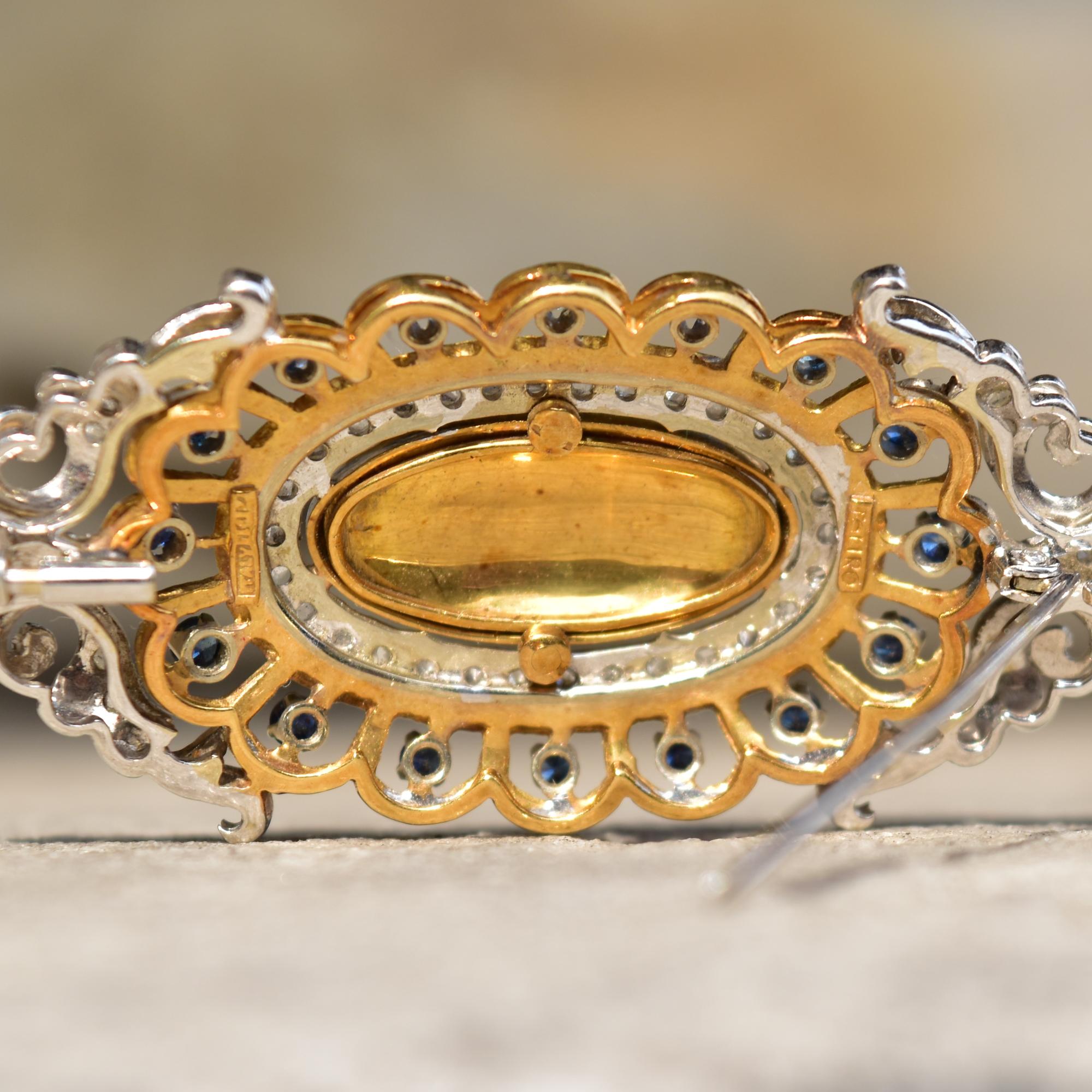 Toliro Italy 18K Diamond Encrusted Sapphire Enamel Flower Brooch Pendant For Sale 2