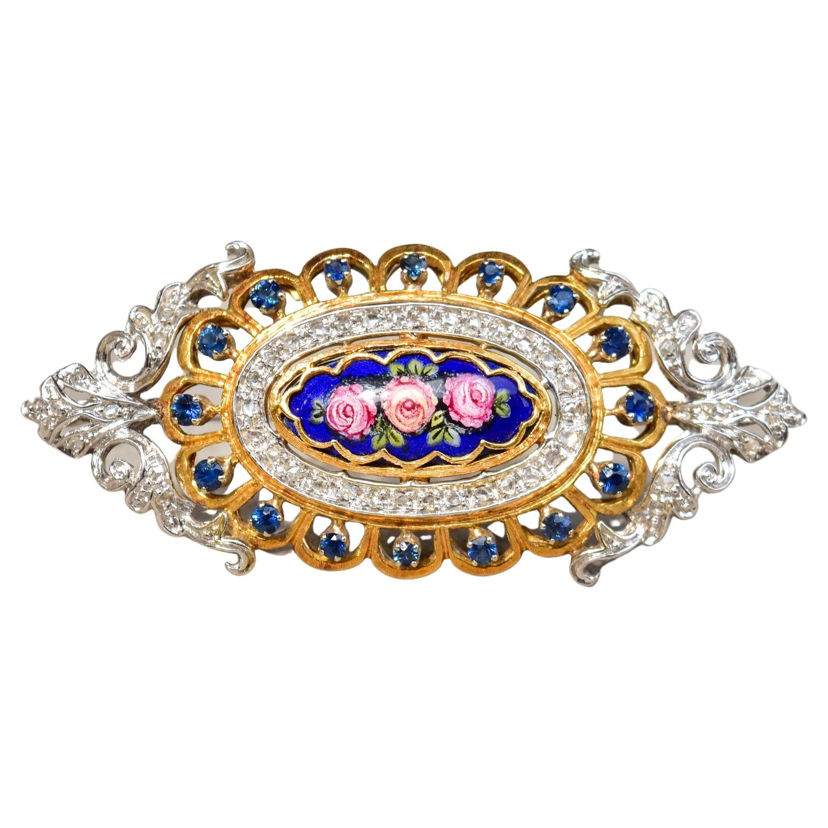 Toliro Italy 18K Diamond Encrusted Sapphire Enamel Flower Brooch Pendant