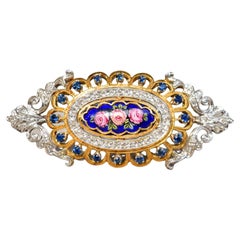 Vintage Toliro Italy 18K Diamond Encrusted Sapphire Enamel Flower Brooch Pendant