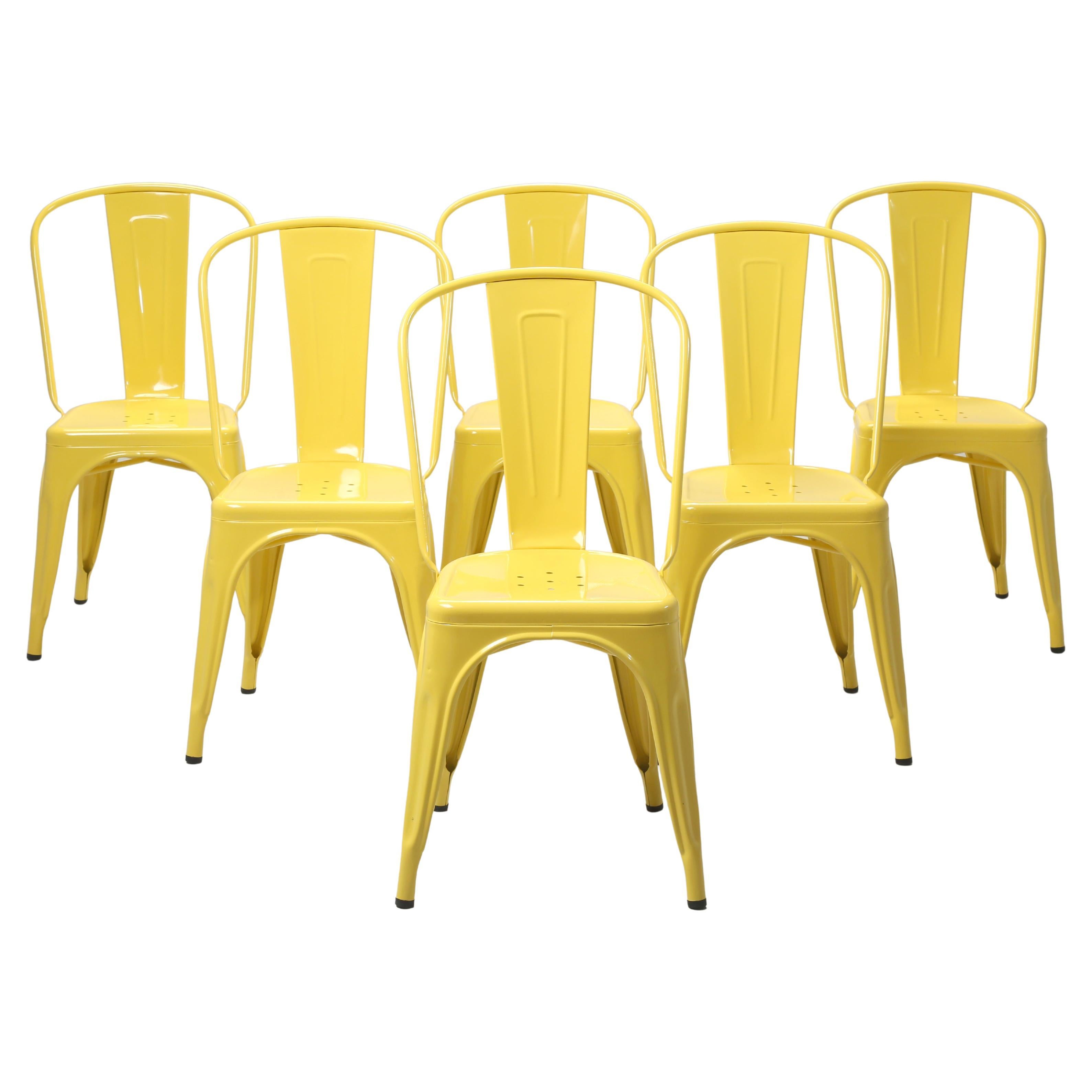 Tolix Authentic French Made Chairs in Lemon Yellow Powder-Coated Steel Set (6)
