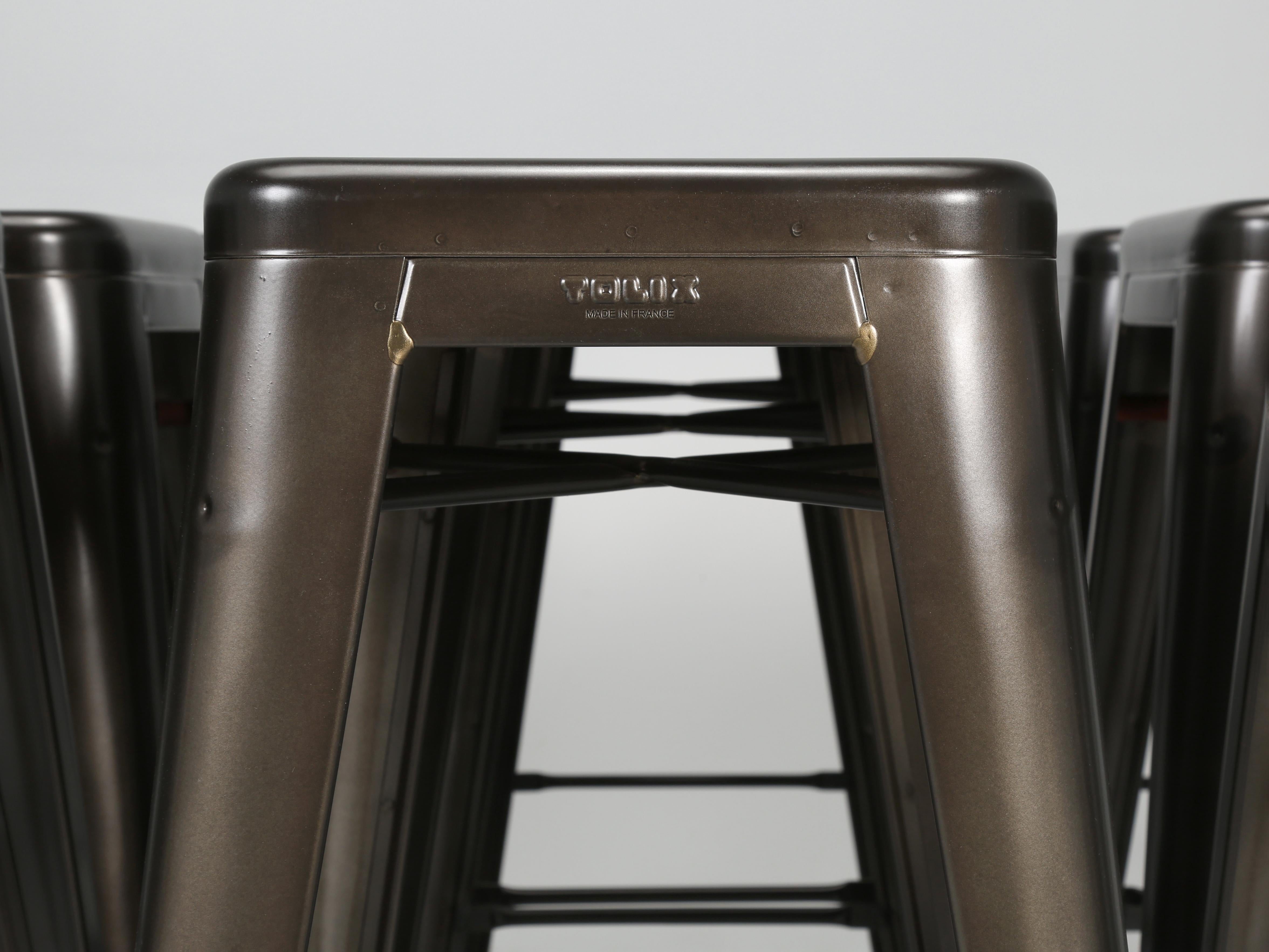 French Tolix Bar Height Steel Stacking Stools, Hand-Made in France in Warm Graphite For Sale