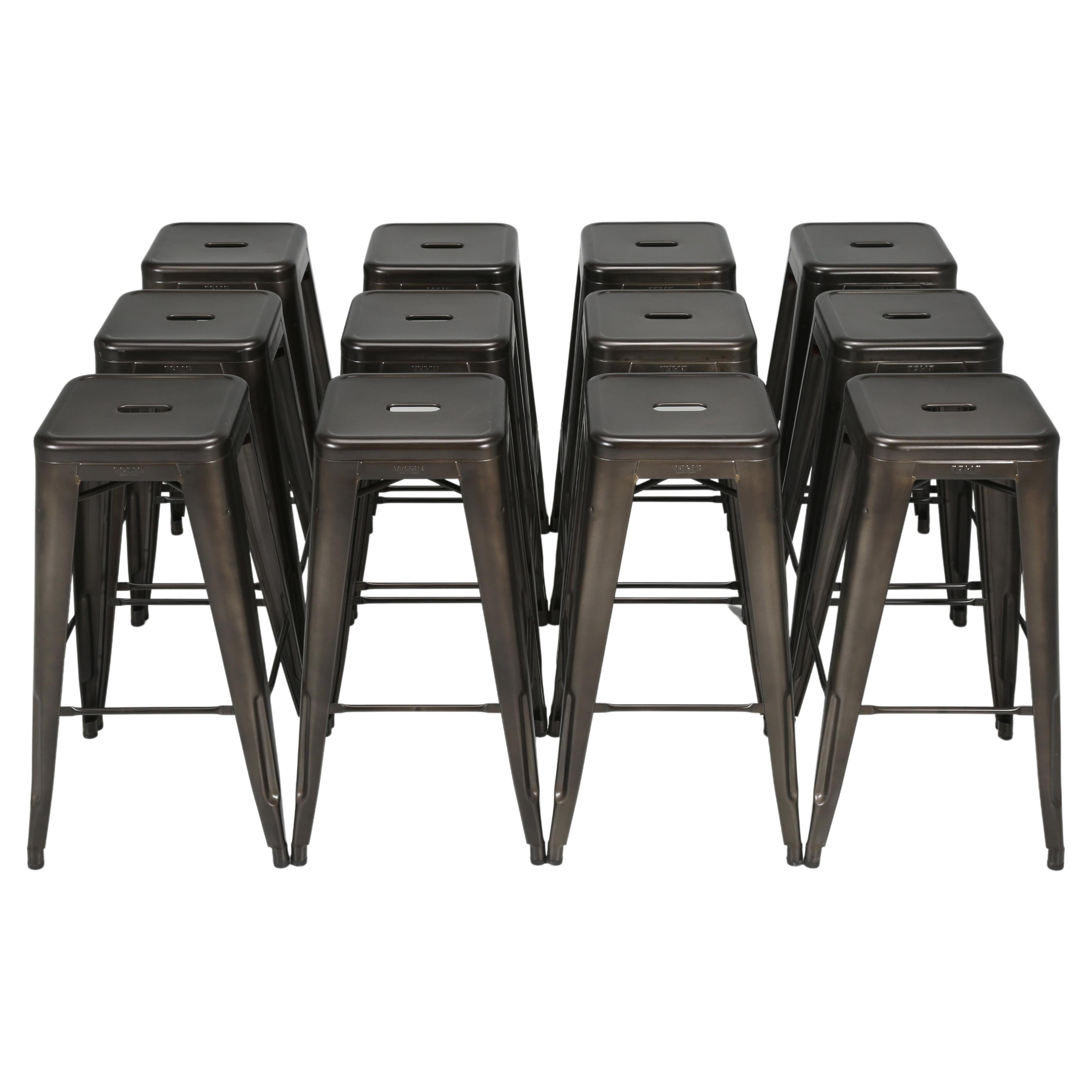 Tolix Bar Height Steel Stacking Stools, Hand-Made in France in Warm Graphite For Sale