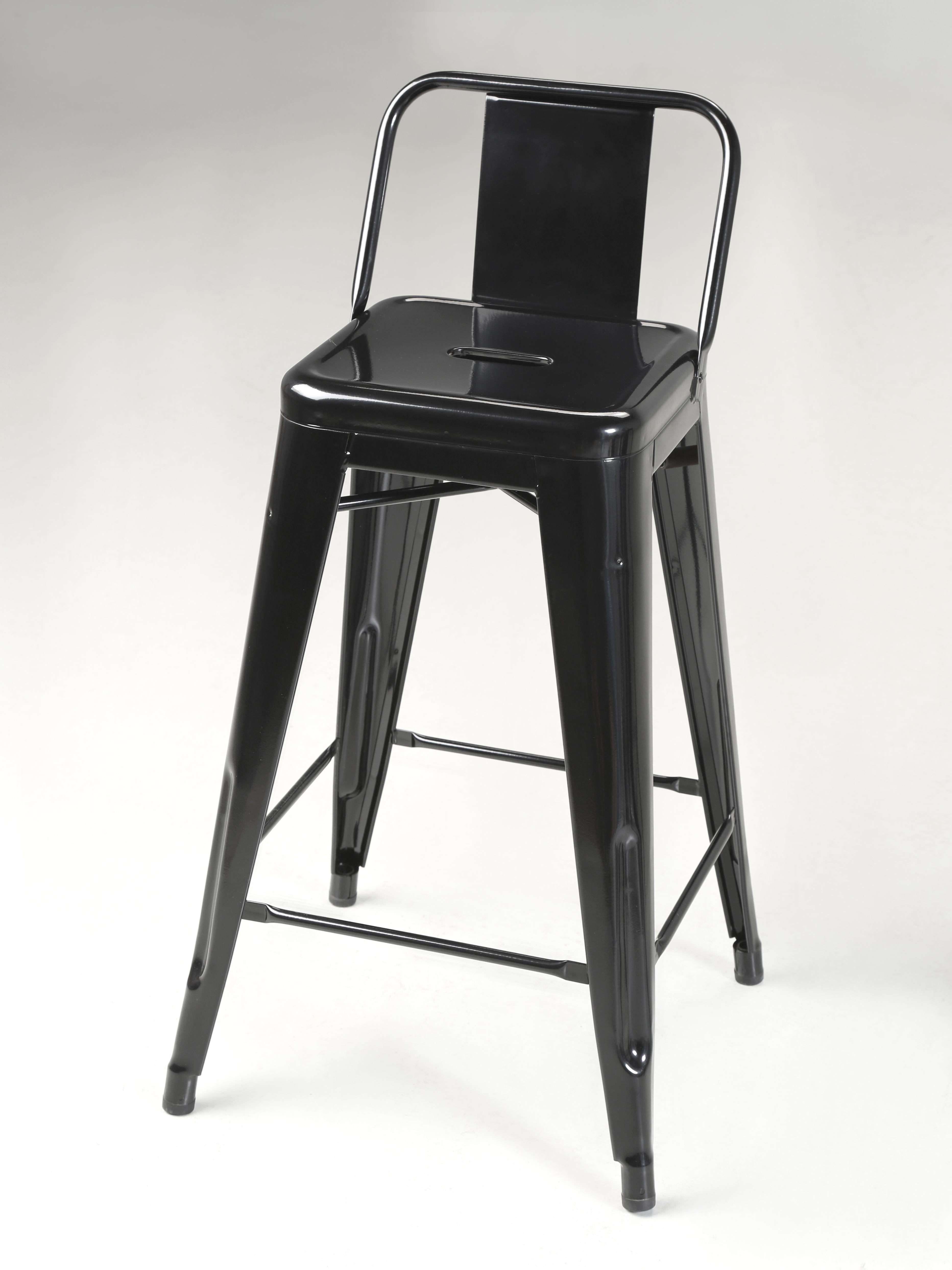 Industrial Tolix Counter-Height Low-Back Stools Pair (2) Glossy Jet Black Made in France For Sale