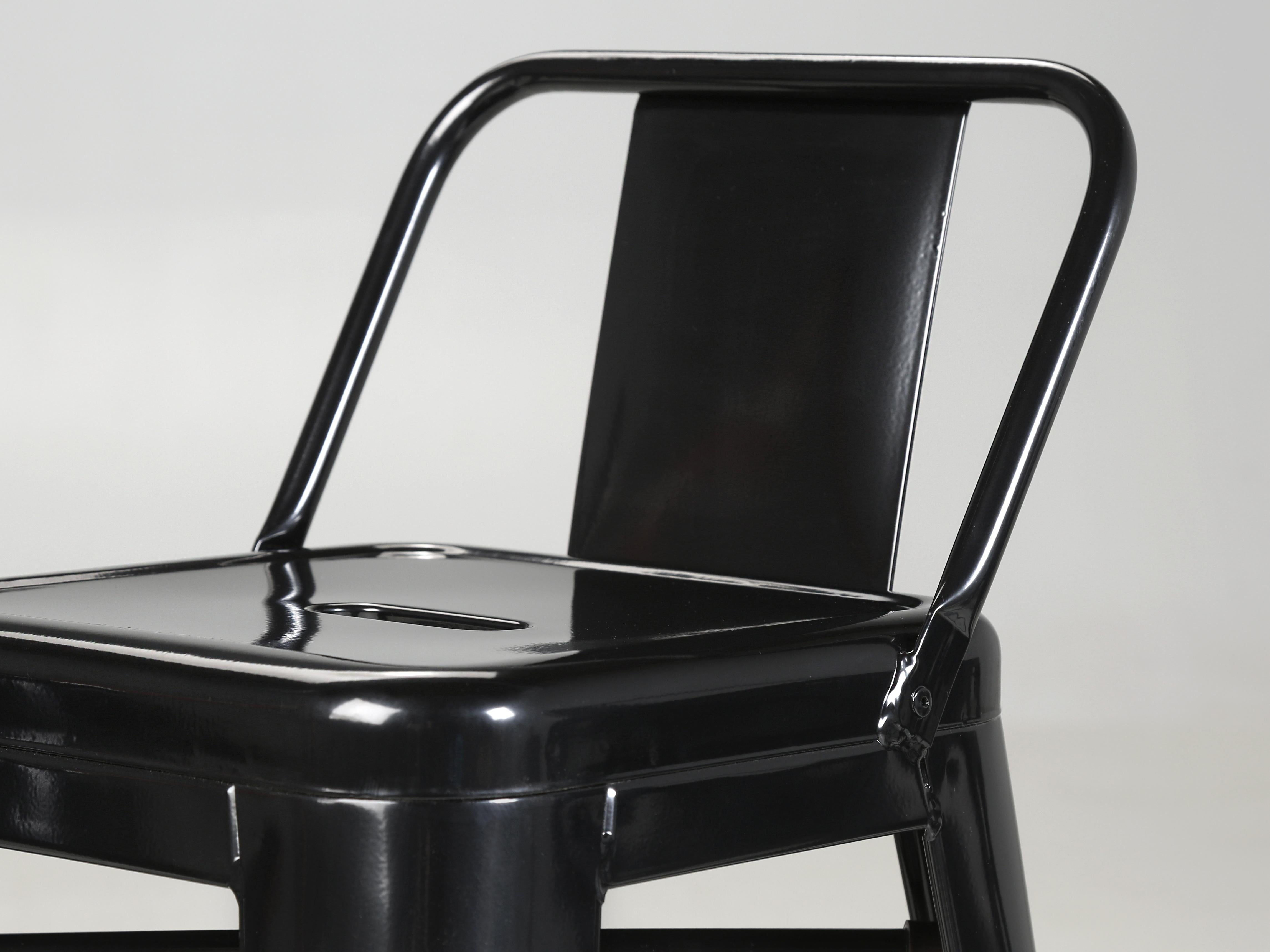 French Tolix Counter-Height Low-Back Stools Pair (2) Glossy Jet Black Made in France For Sale