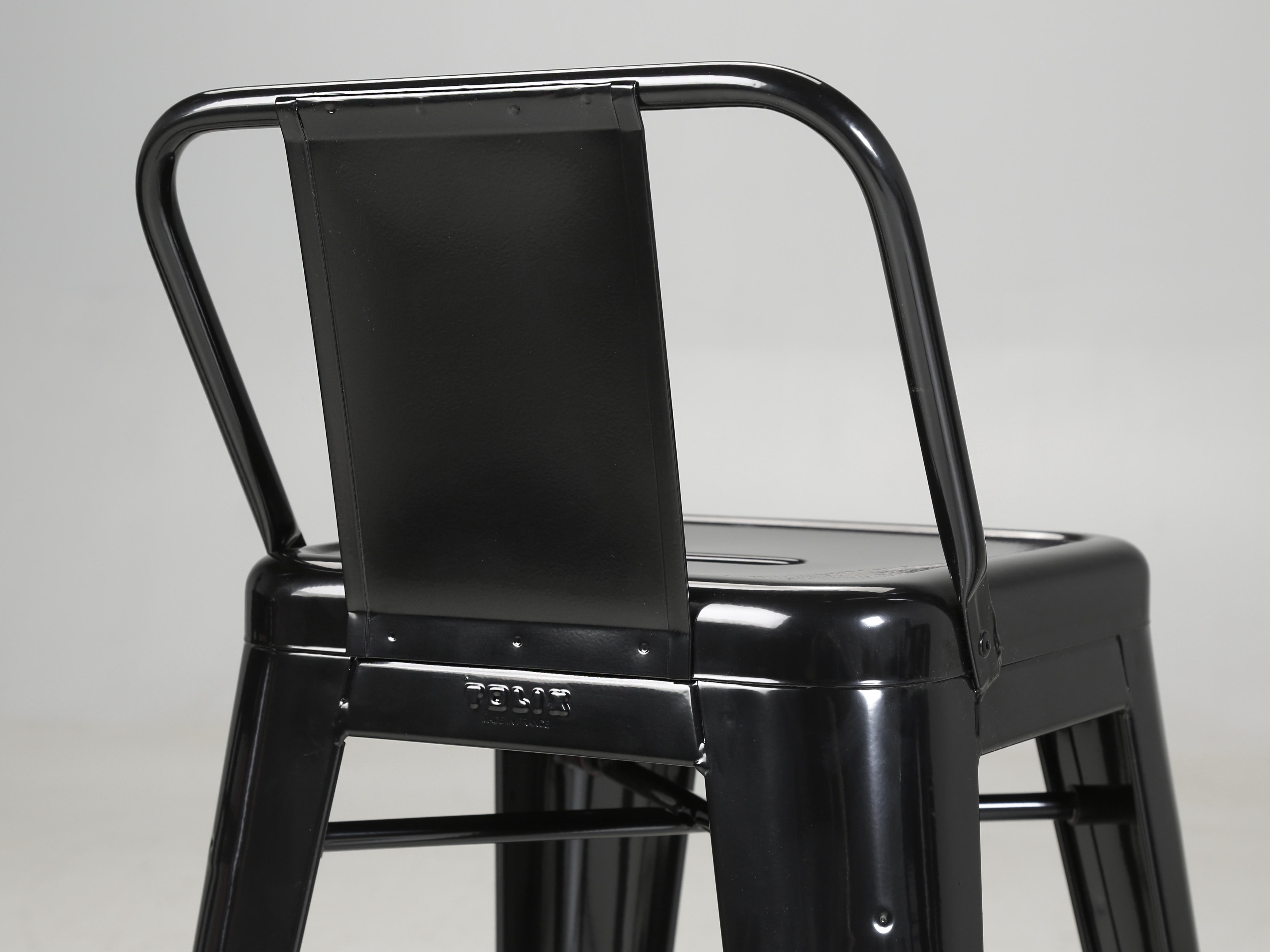 Powder-Coated Tolix Counter-Height Low-Back Stools Pair (2) Glossy Jet Black Made in France For Sale