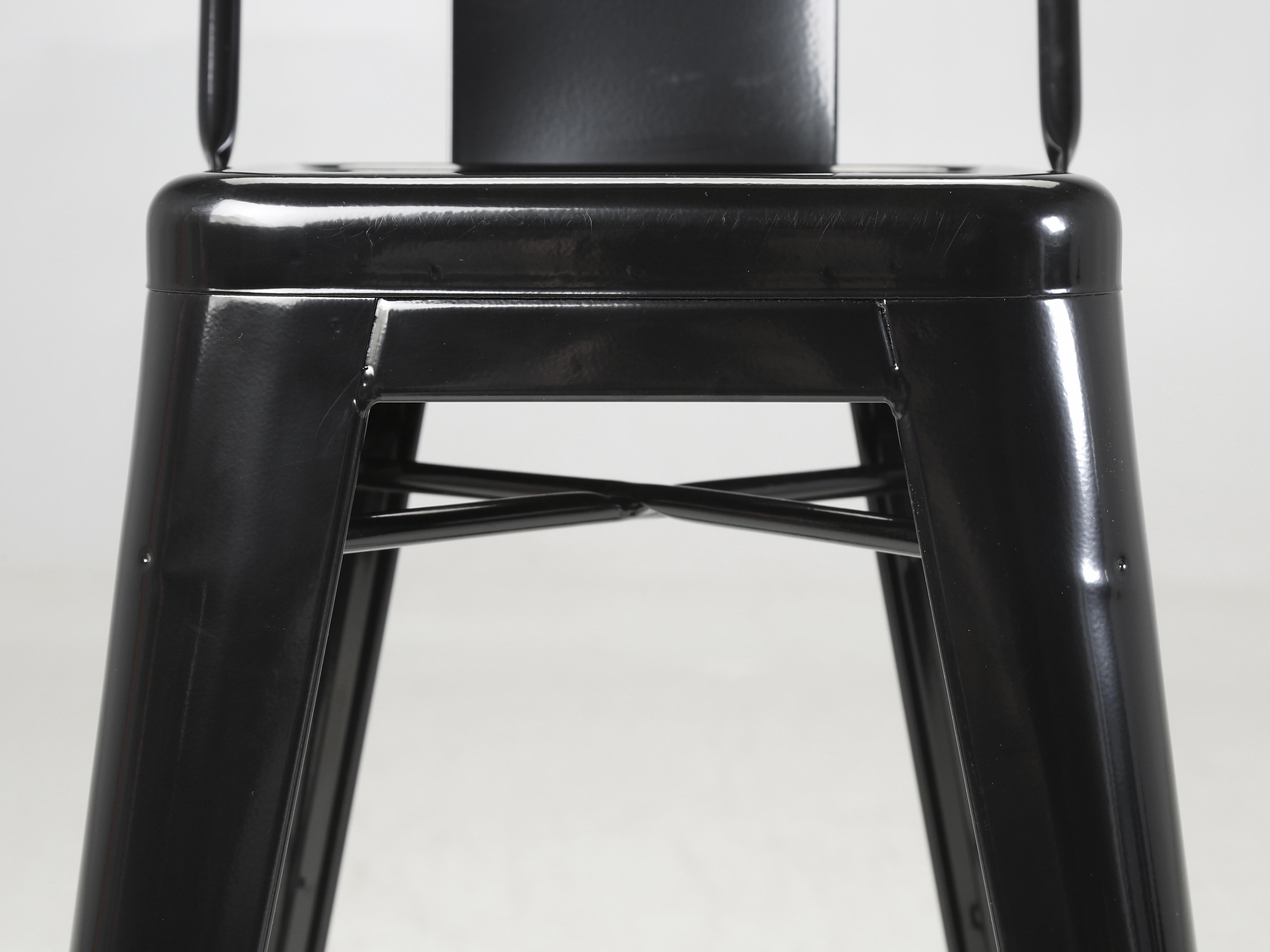Metal Tolix Counter-Height Low-Back Stools Pair (2) Glossy Jet Black Made in France For Sale