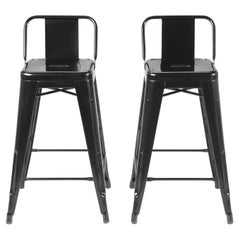 Tolix Counter-Height Low-Back Stools Pair (2) Glossy Jet Black Made in France