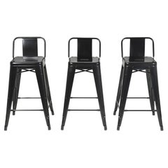 Tolix Counter Height Low Back Stools Set of (3) Glossy Jet Black Made in France
