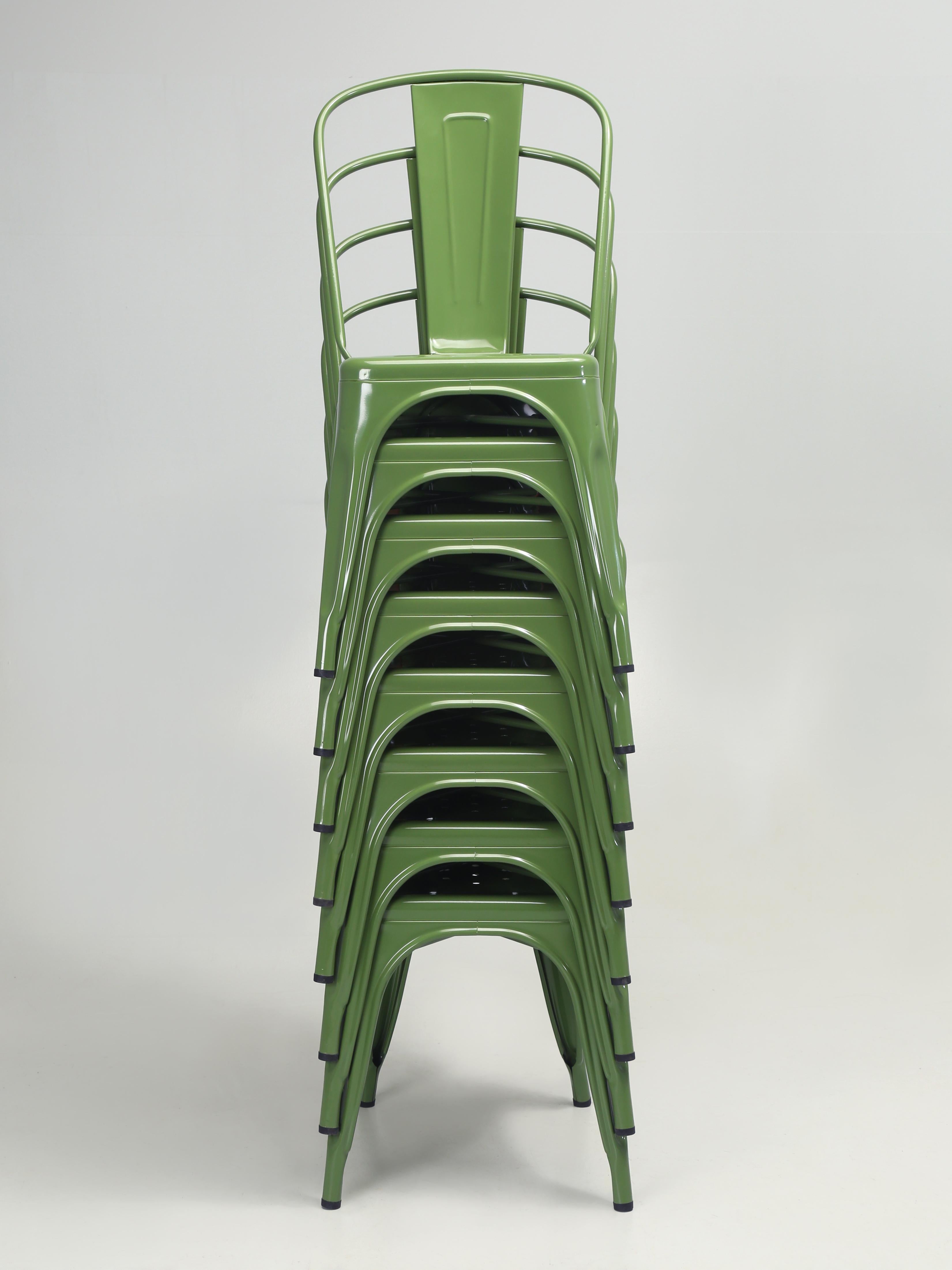 Tolix Fern Green set of 8) steel stacking Chairs, iconic in modern design, were created in France in 1934 by metalworker Xavier Pauchard. His innovative use of galvanized steel made the Chairs lightweight and durable, perfect for cafes and bistros.