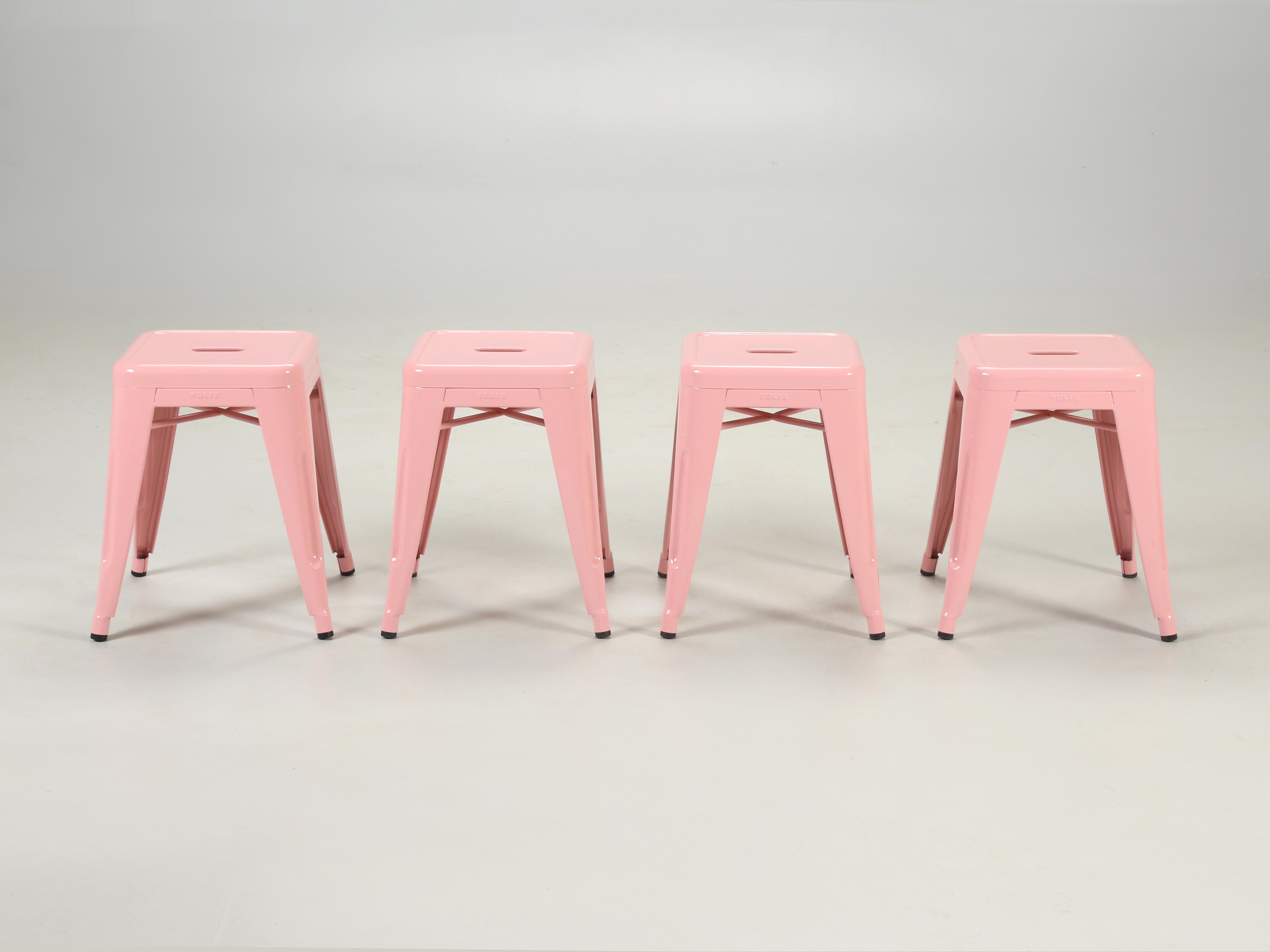“Real” hand-made in France, authentic Tolix steel stacking stools in Pale Pink. We have amassed a collection of over (1500) pieces of genuine Tolix steel stacking stools (available in [3] different heights), Tolix steel stacking chairs and