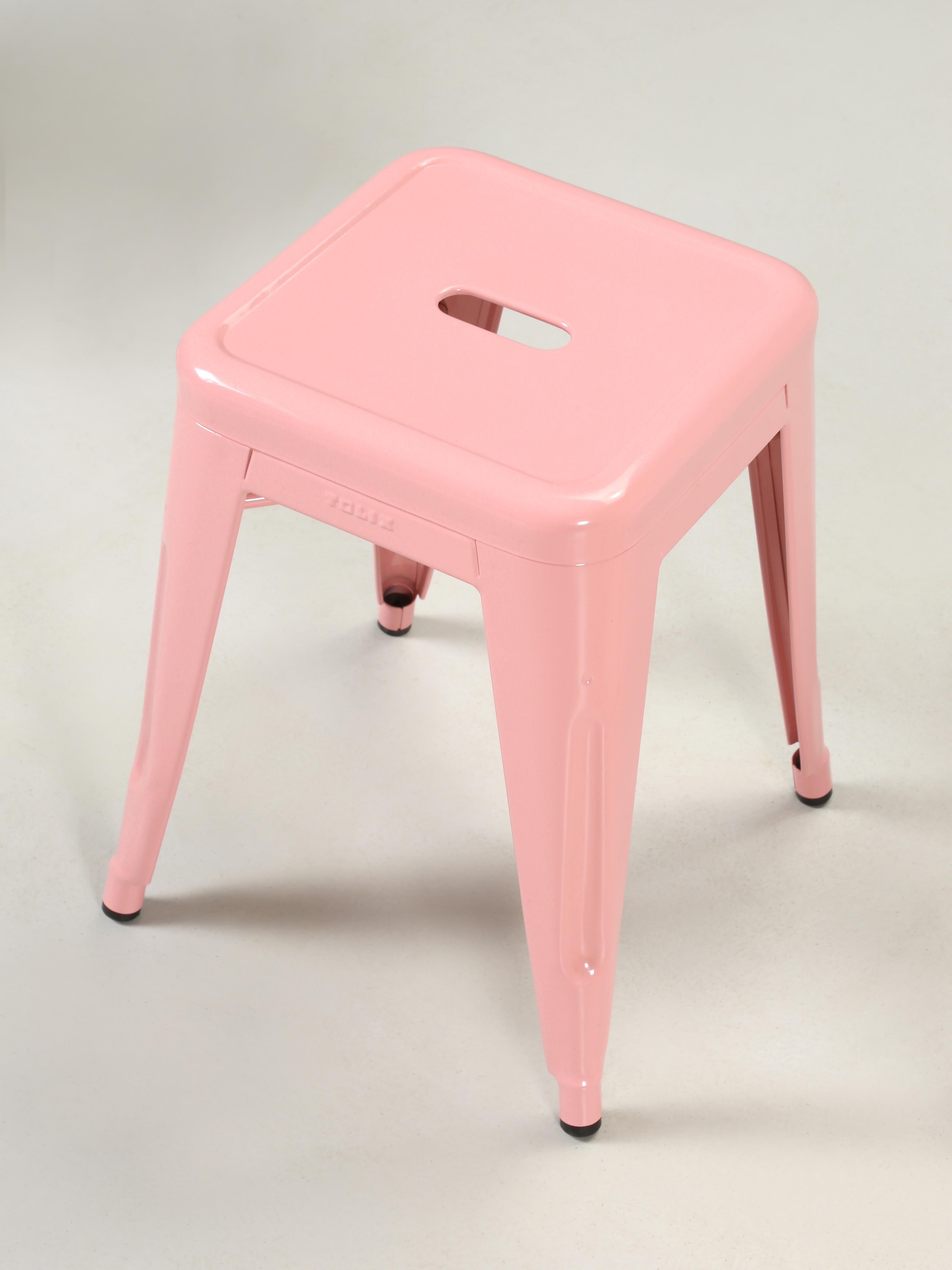 “Real” hand-made in France, authentic Tolix Steel Stacking Stools in Pale Pink. We have amassed a collection of over (1000) pieces of genuine Tolix steel stacking Chairs, Counter Stools and Bar Height Stools as well as Tolix Steel Tables. Most of