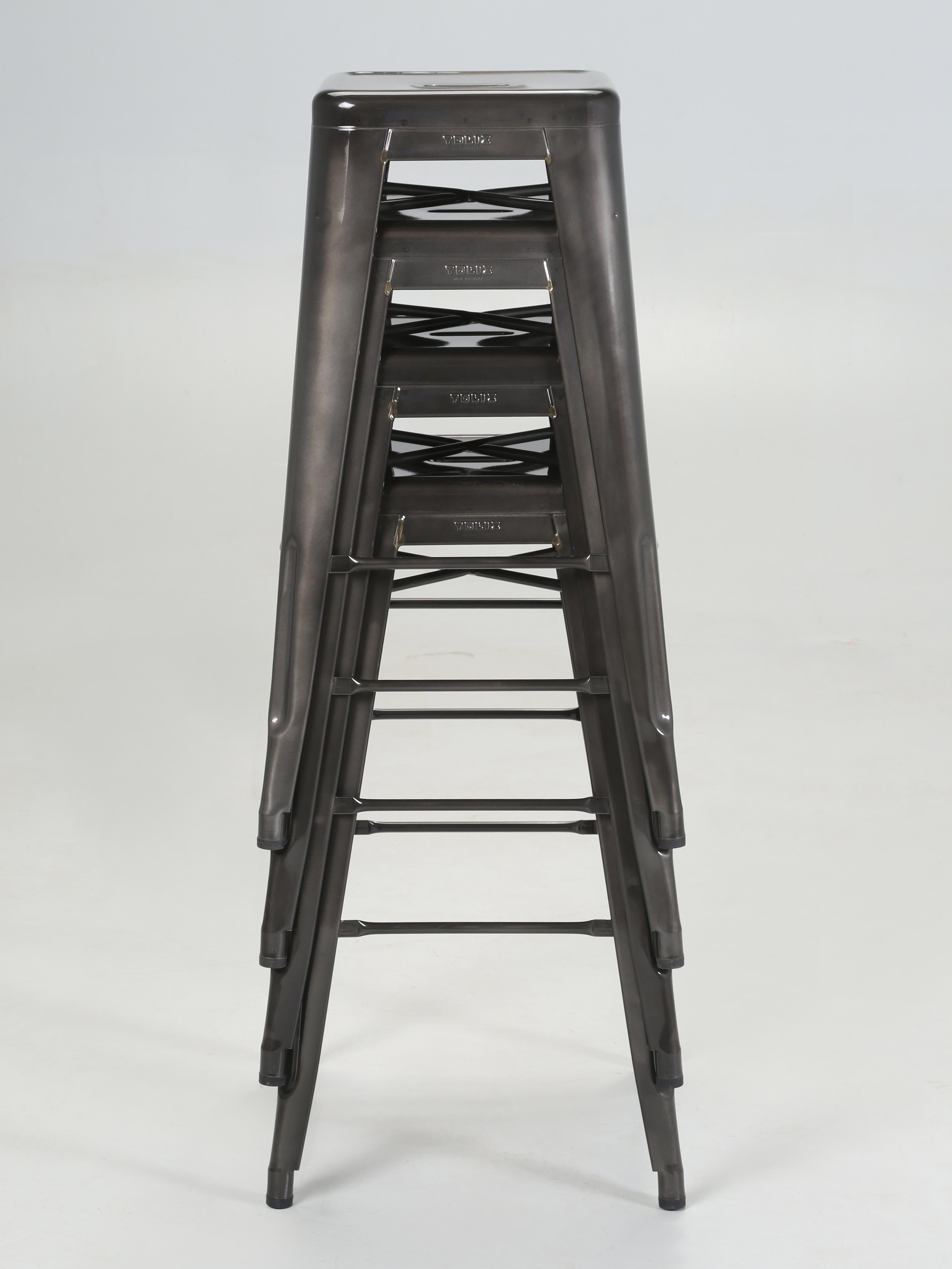 Industrial Tolix Genuine French Made Set of (4) Glossy Dark Grey Bar Stools More Available