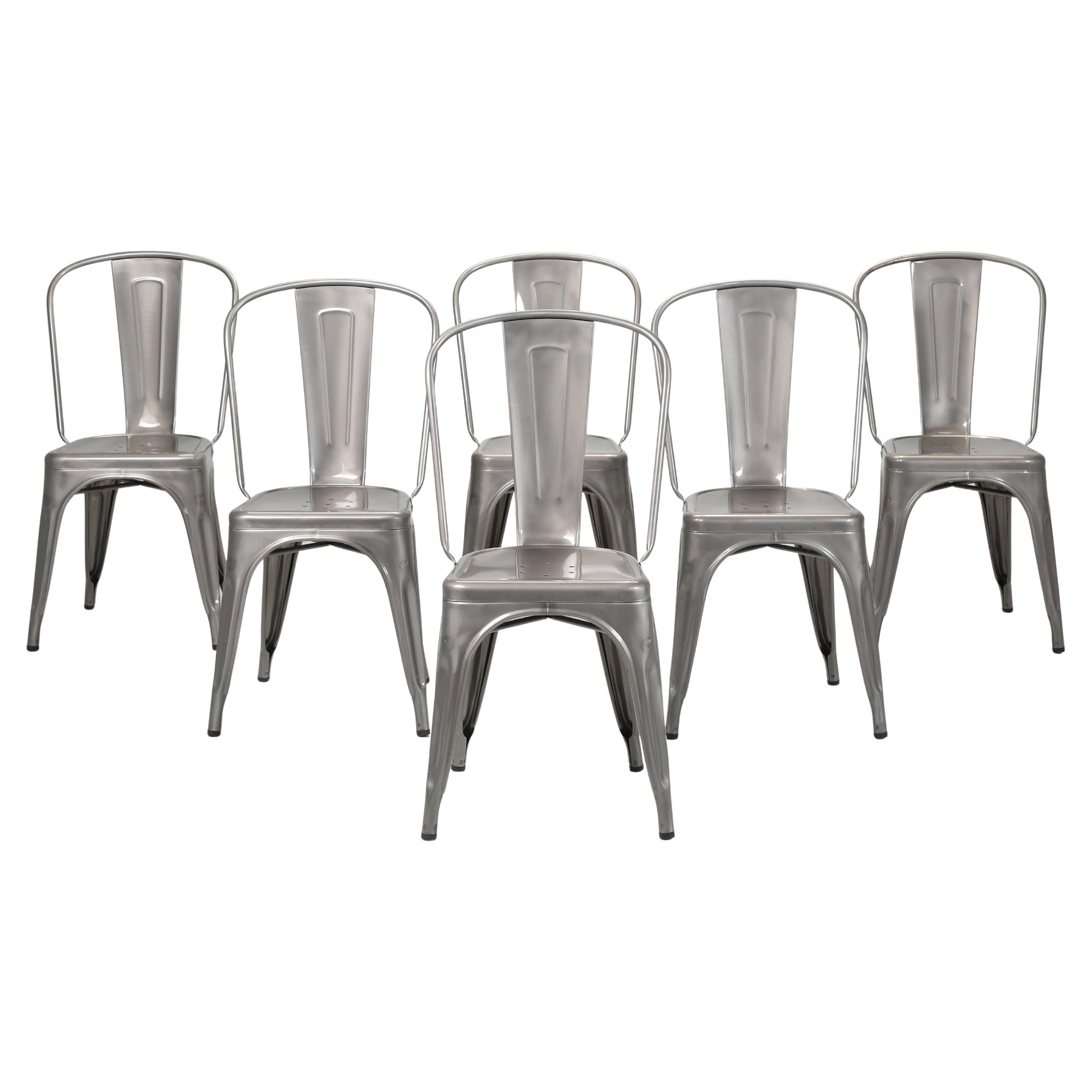 Tolix Genuine Made in France Set of (6) Classic Glossy Grey Powder-Coated Chairs For Sale