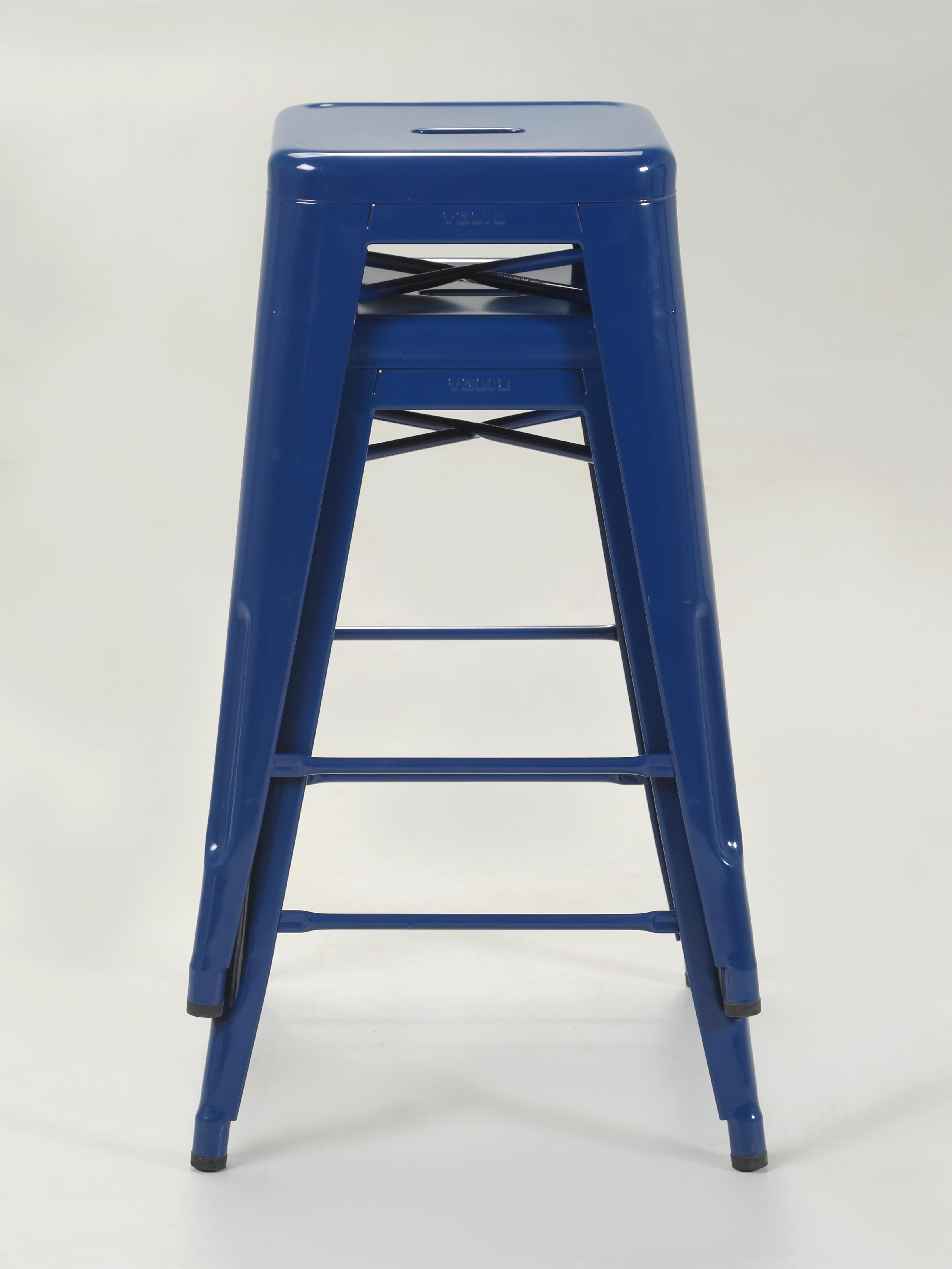 Industrial Tolix Glossy Navy Blue Original Made in France Counter Stools Set of (2) For Sale