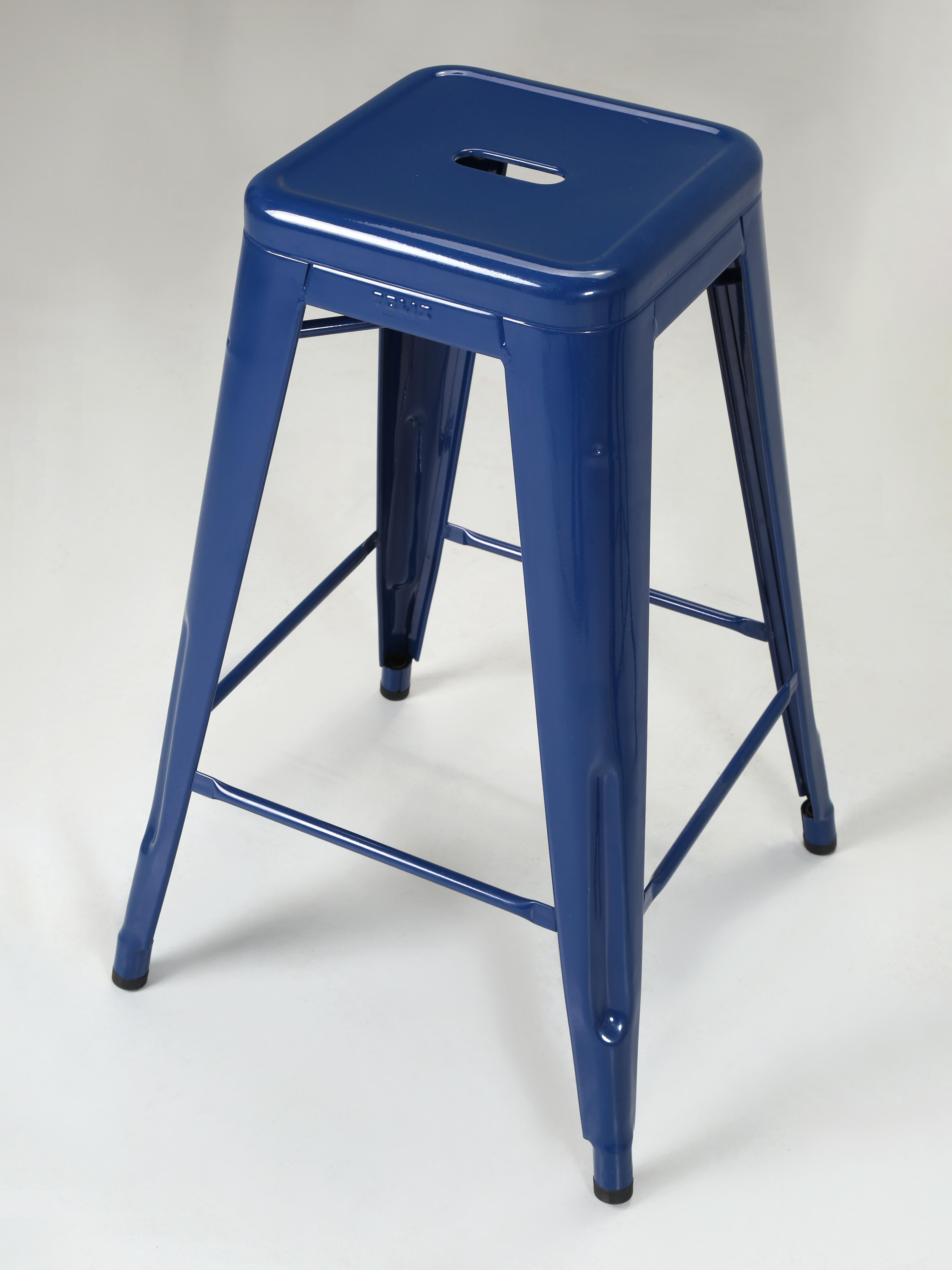 French Tolix Glossy Navy Blue Original Made in France Counter Stools Set of (2) For Sale