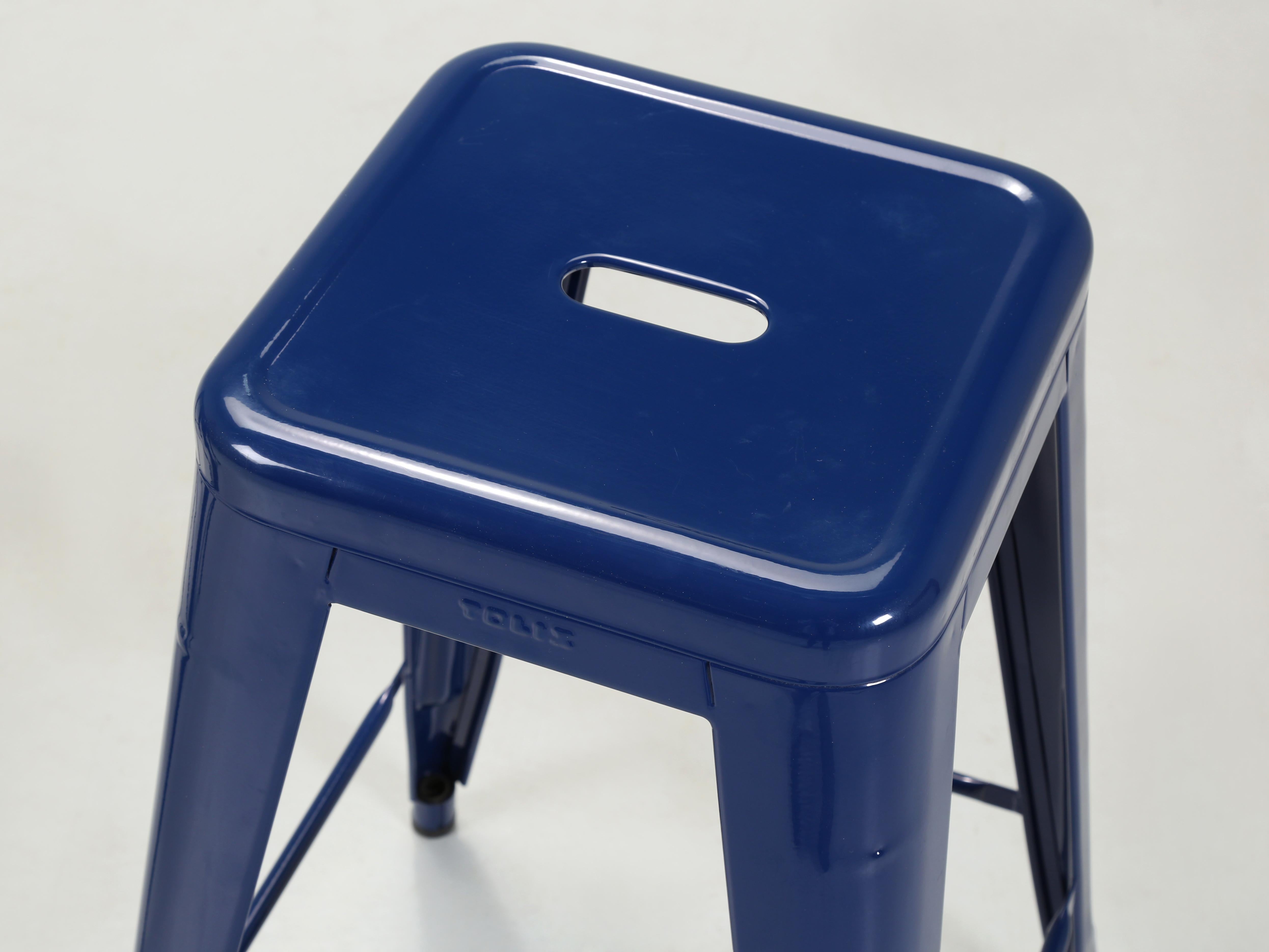 Hand-Crafted Tolix Glossy Navy Blue Original Made in France Counter Stools Set of (2) For Sale