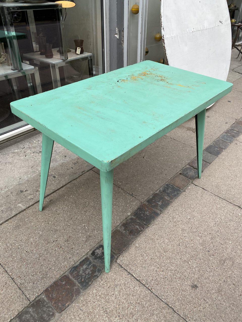 French Tolix Metal Table, Blue/Green and Patina For Sale