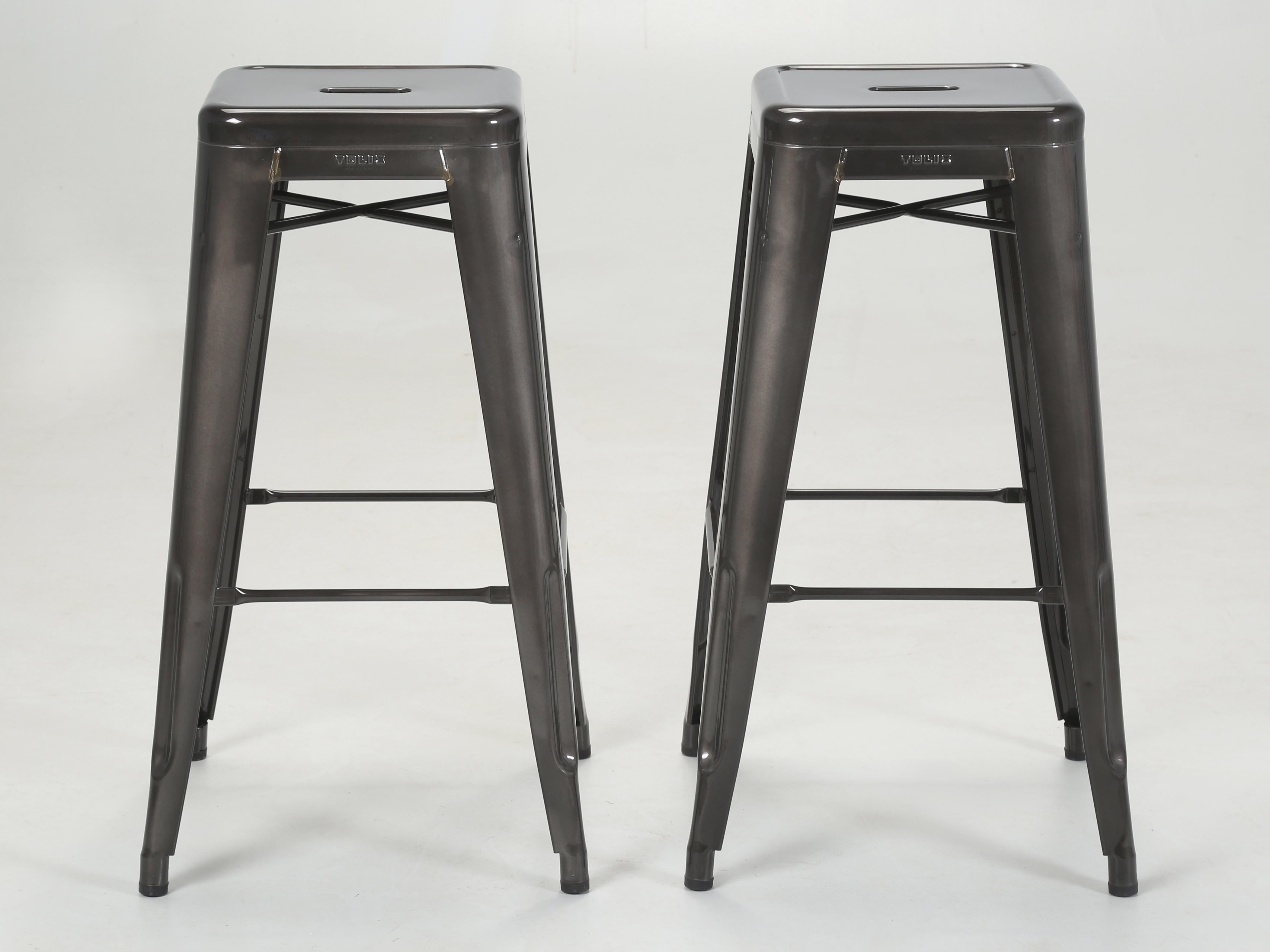 Tolix Bar Height Steel Stools in a charcoal grey Powder-Coated finish. These are Genuine Hand-Made in France Tolix Bar Height Stools and we currently have about 700-pieces of Authentic Tolix in stock, including Tolix Kitchen Counter Stools, Bar