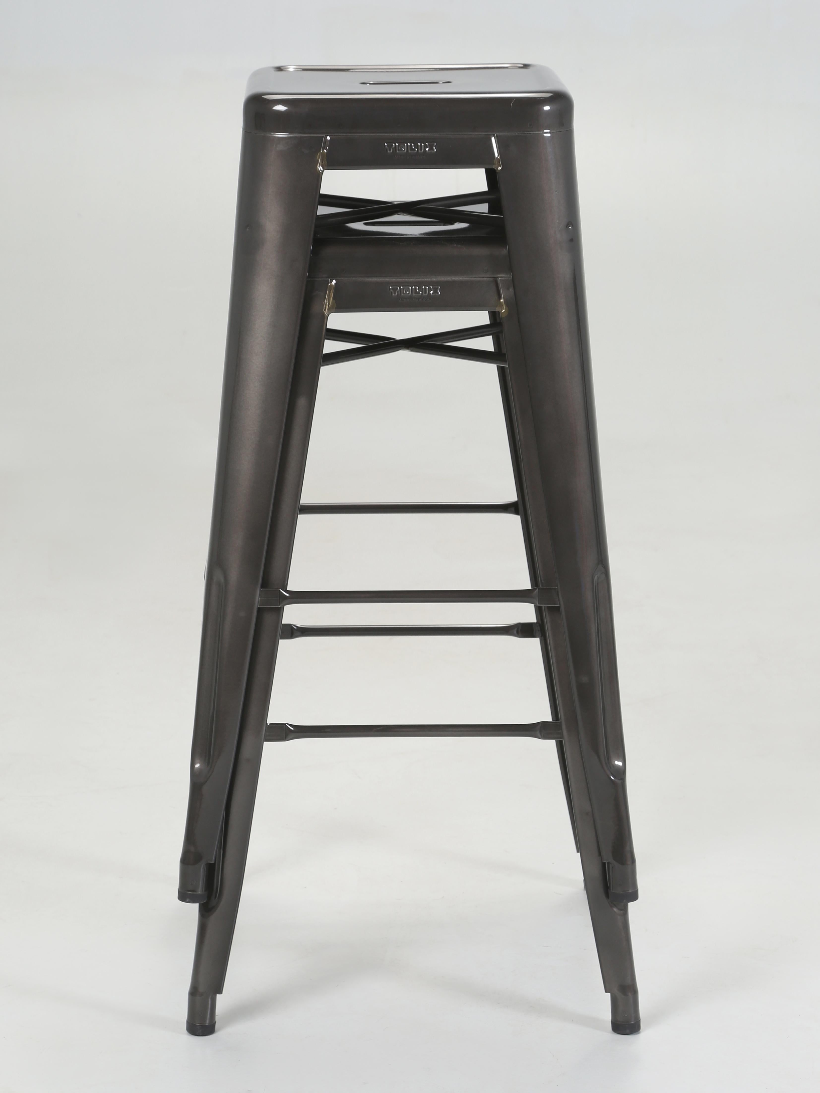 Industrial Tolix Set of (2) Glossy Dark Grey Bar Stools Hand-Made in France More Available For Sale