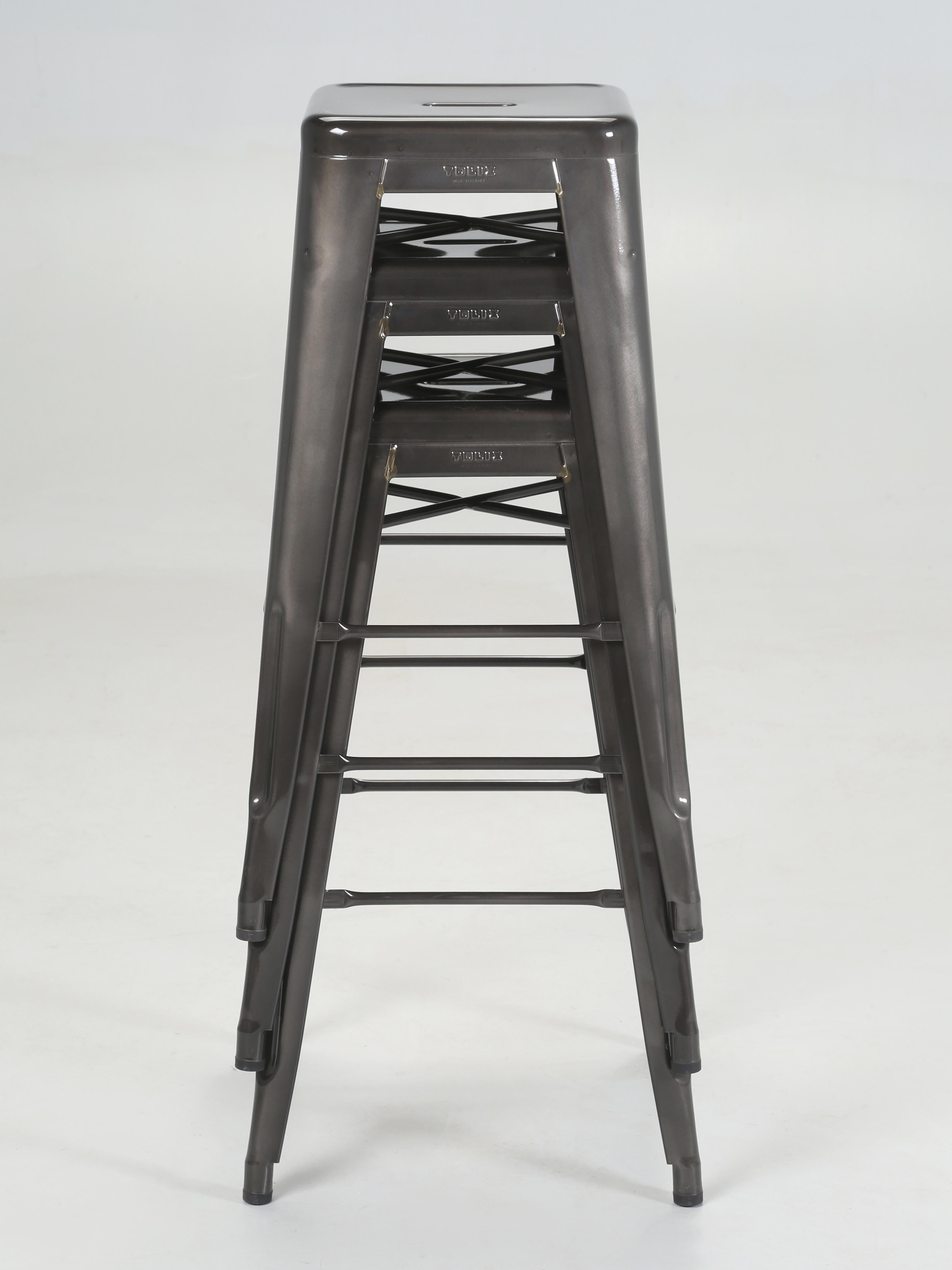 Industrial Tolix Set of (3) Glossy Dark Grey Bar Stools Hand-Made in France More Available For Sale