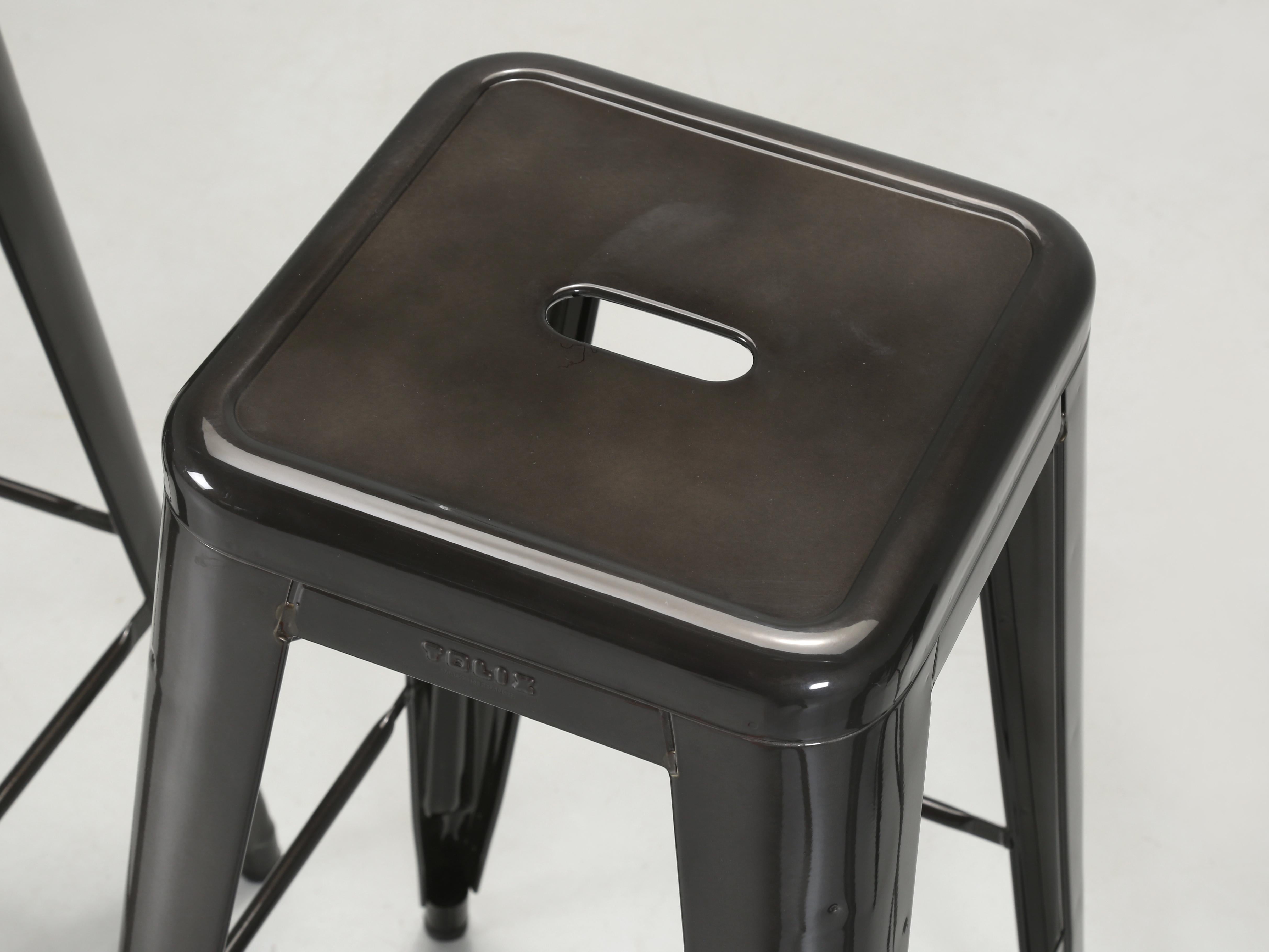Hand-Crafted Tolix Set of (3) Glossy Dark Grey Bar Stools Hand-Made in France More Available For Sale