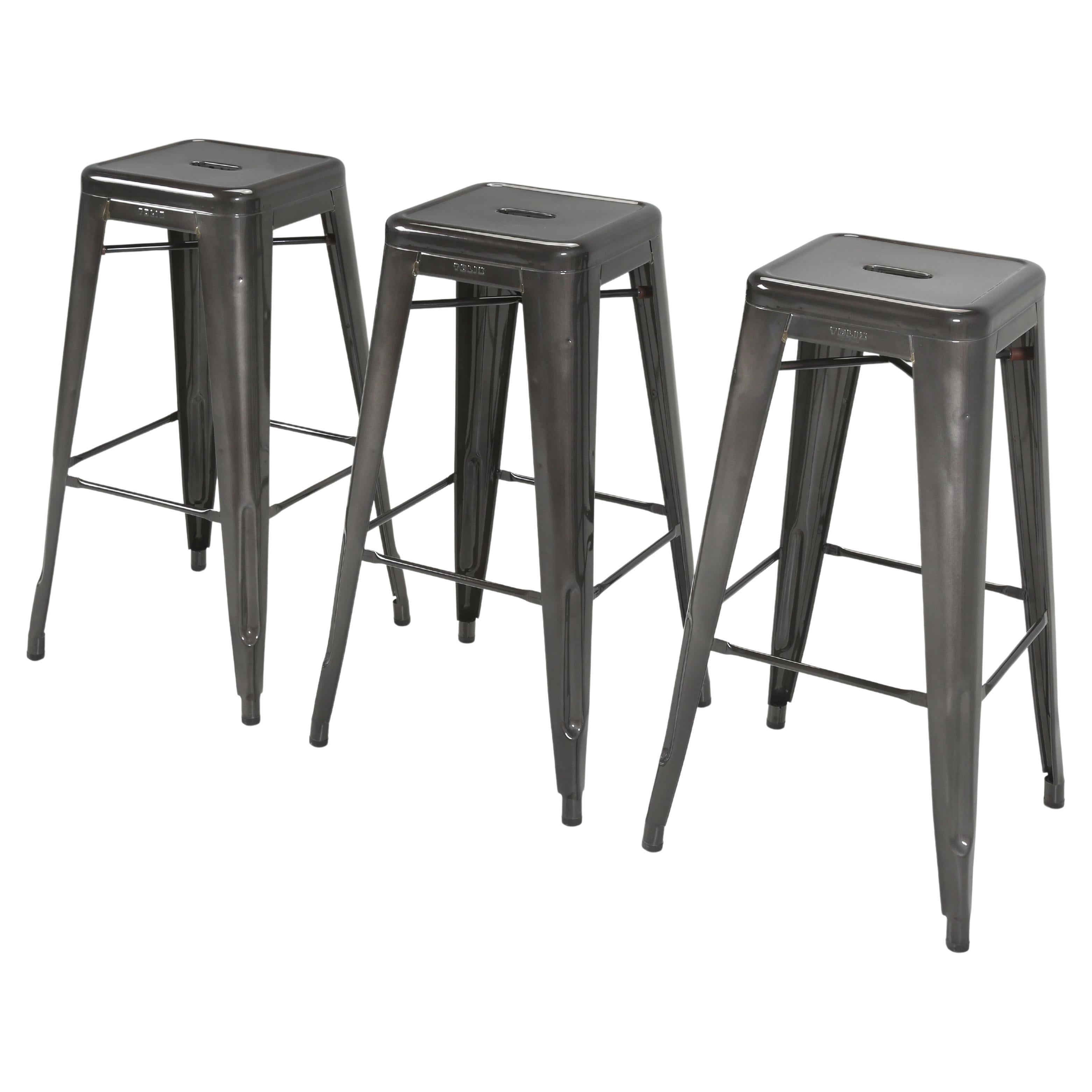 Tolix Set of (3) Glossy Dark Grey Bar Stools Hand-Made in France More Available