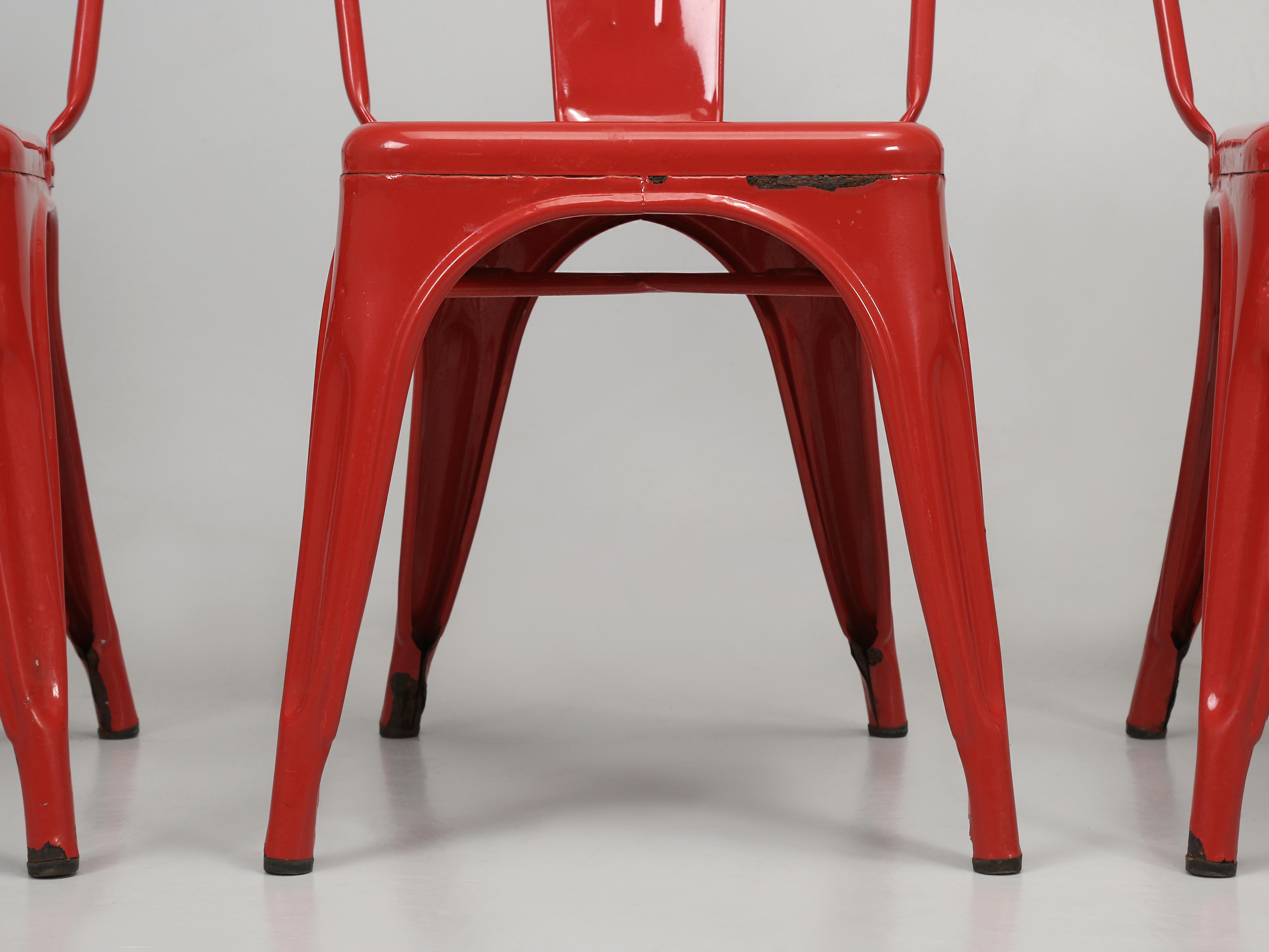 Hand-Crafted Tolix Set of (4) Authentic Vintage Red Steel Stacking Chairs Made in France For Sale