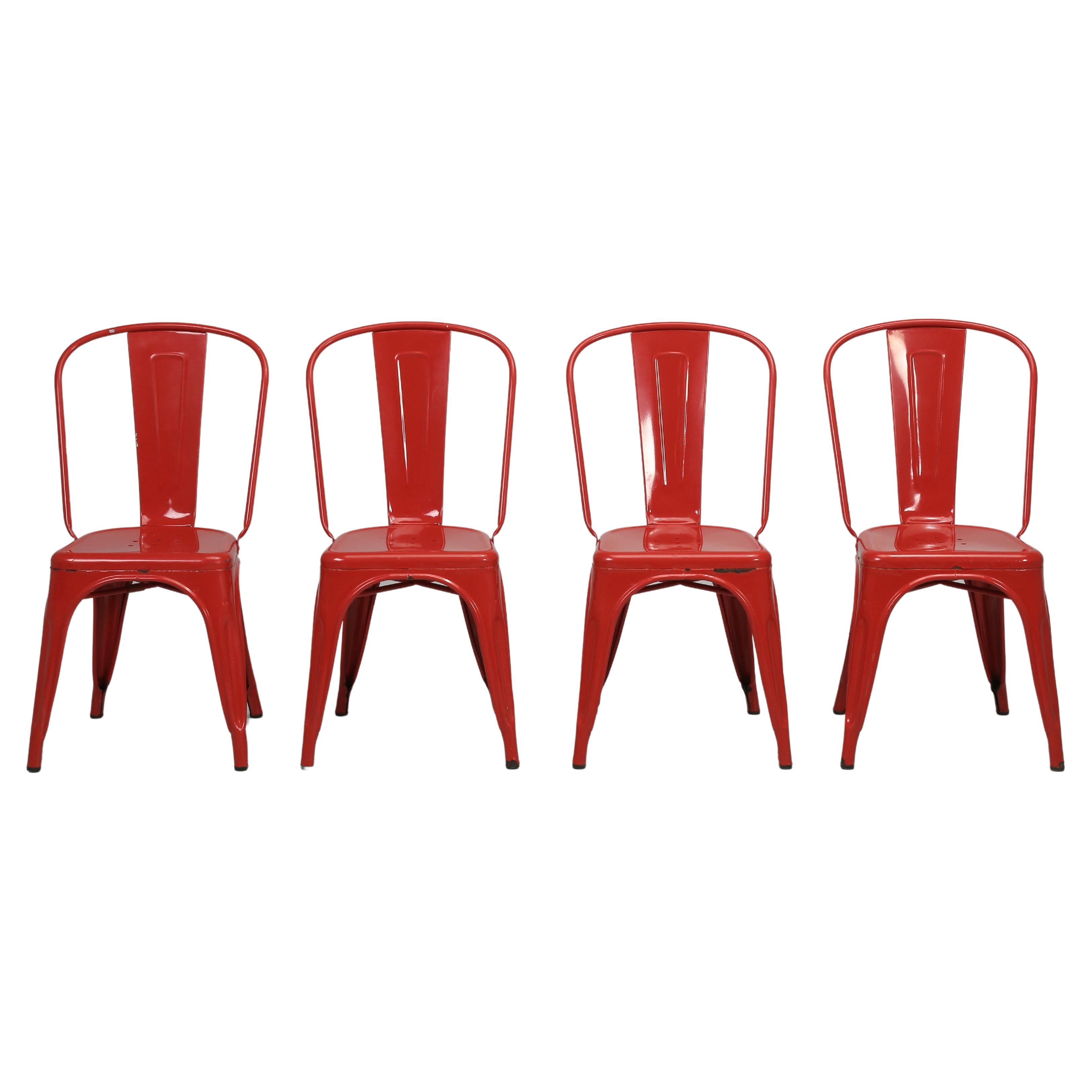 Tolix Set of (4) Authentic Vintage Red Steel Stacking Chairs Made in France For Sale