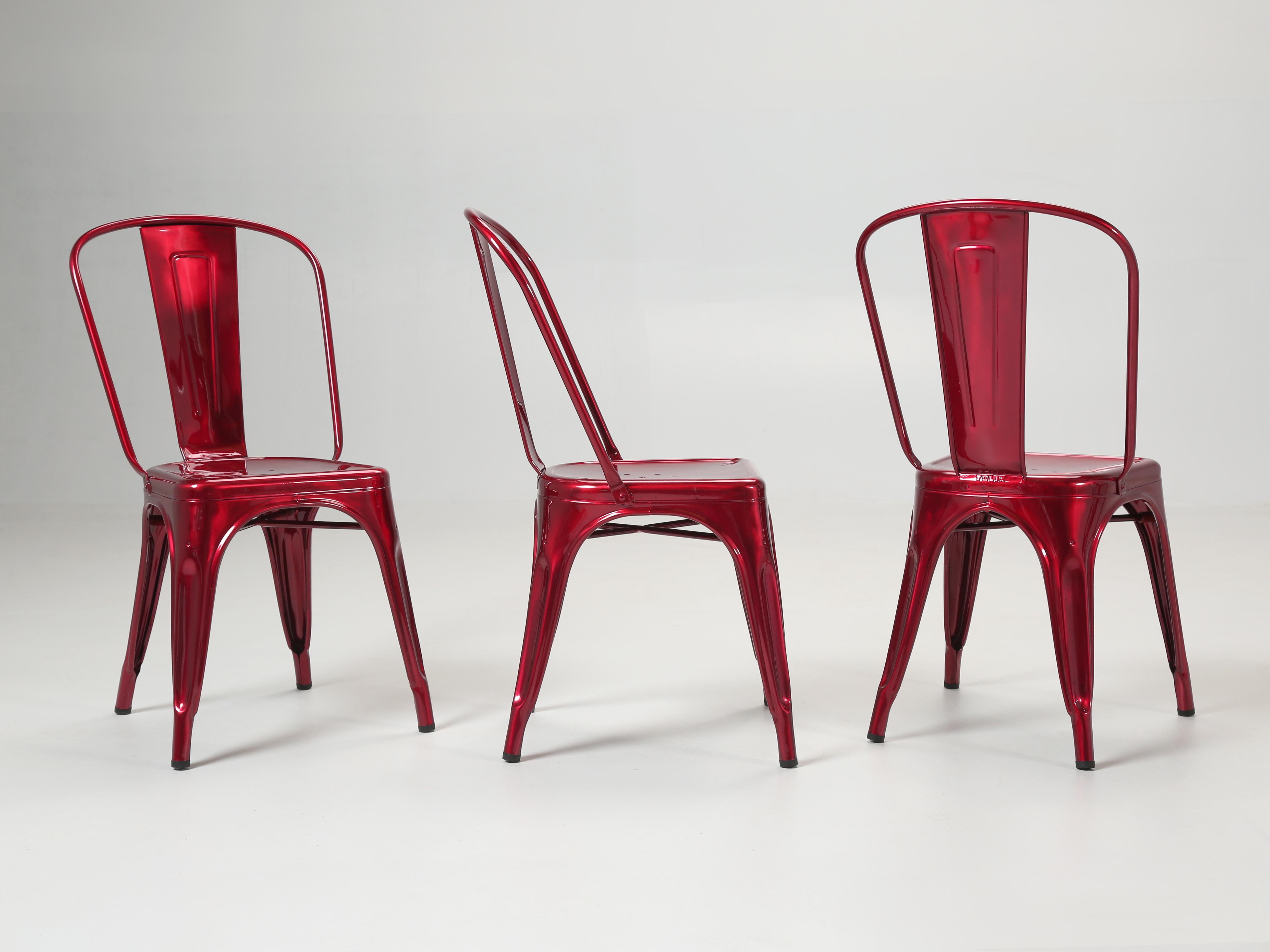 Industrial Tolix Set of (4) Steel Stacking Chairs in a Brilliant Candy Apple Red Metallic