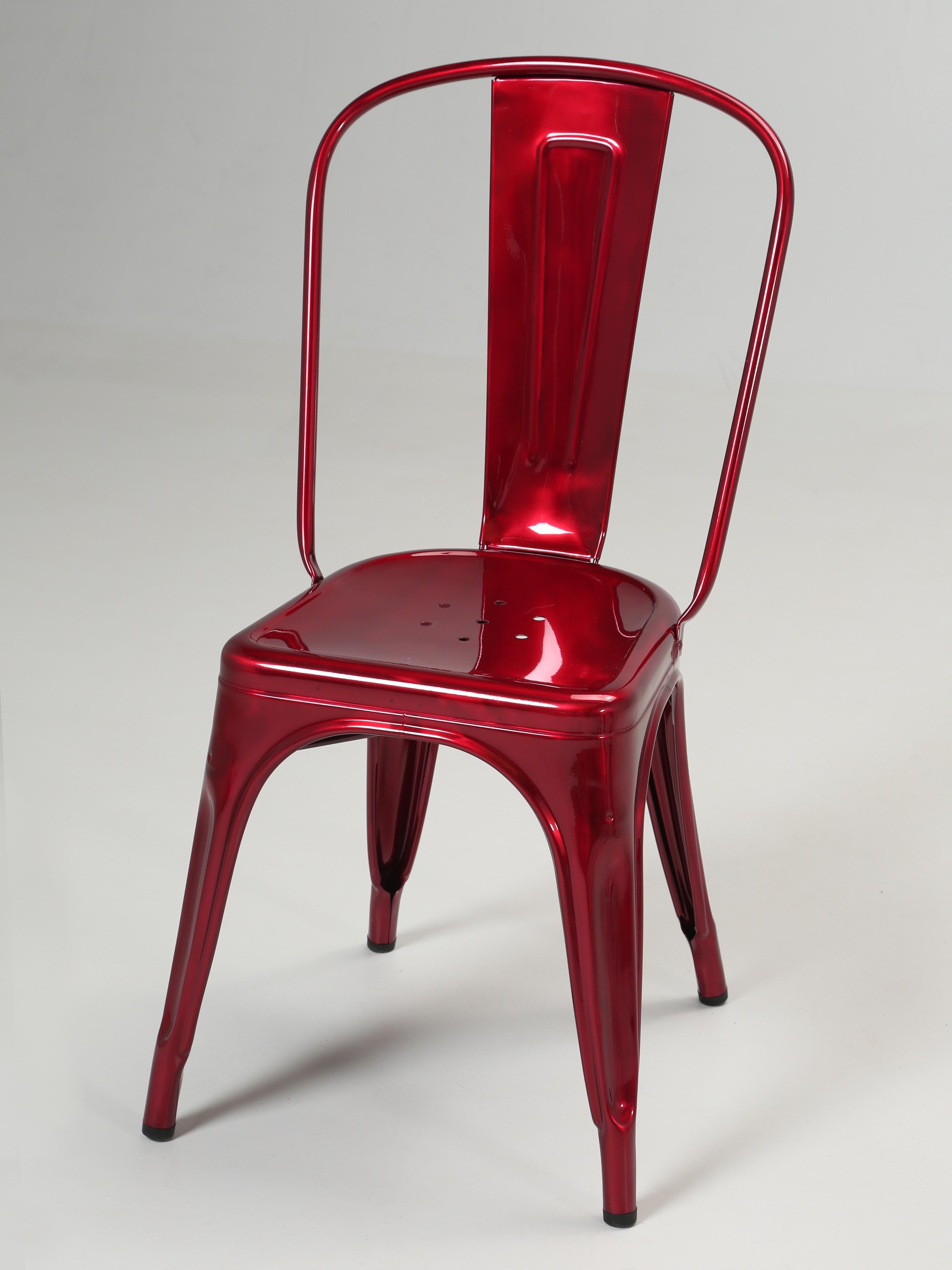 French Tolix Set of (4) Steel Stacking Chairs in a Brilliant Candy Apple Red Metallic