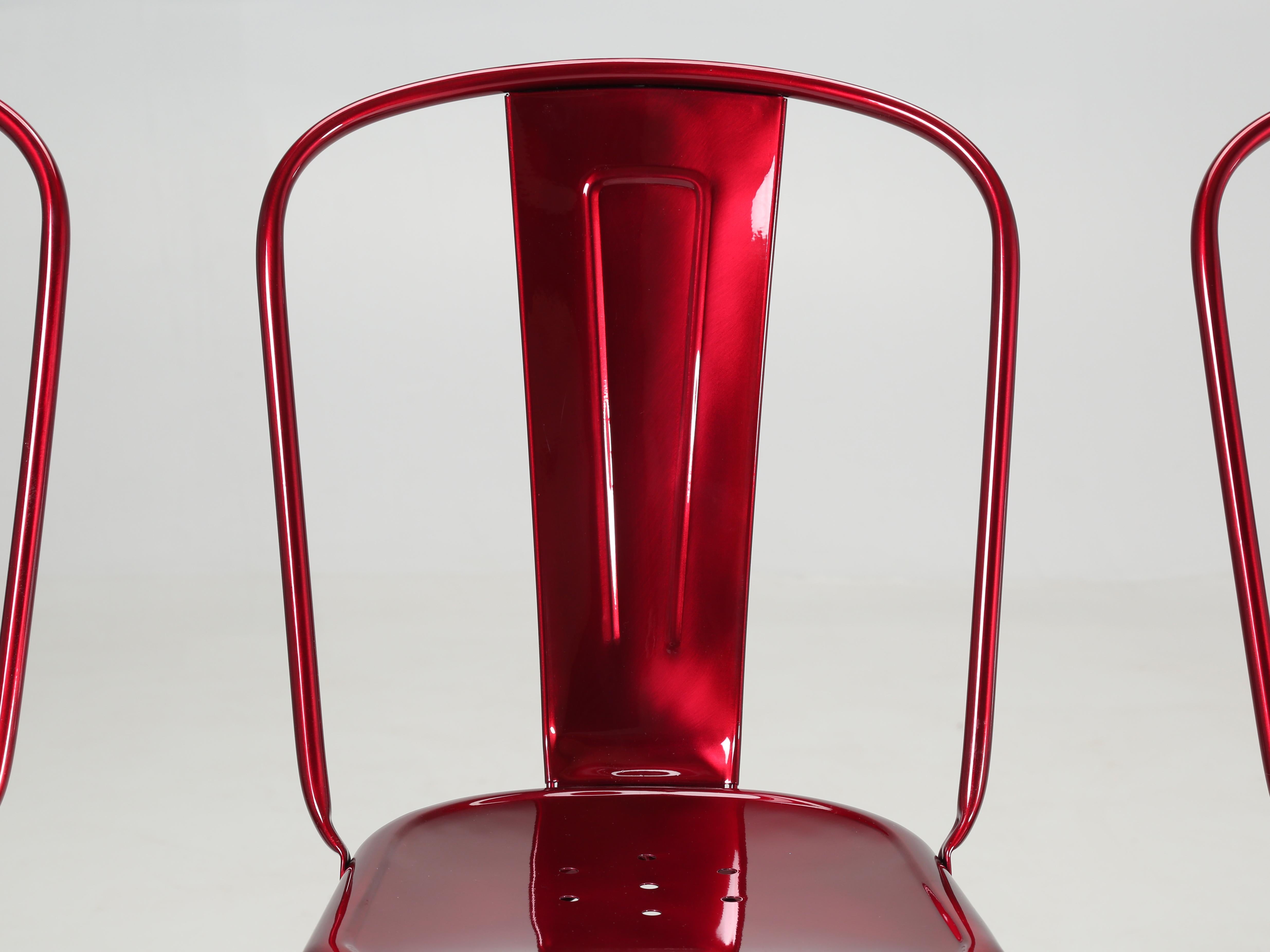 Hand-Crafted Tolix Set of (4) Steel Stacking Chairs in a Brilliant Candy Apple Red Metallic