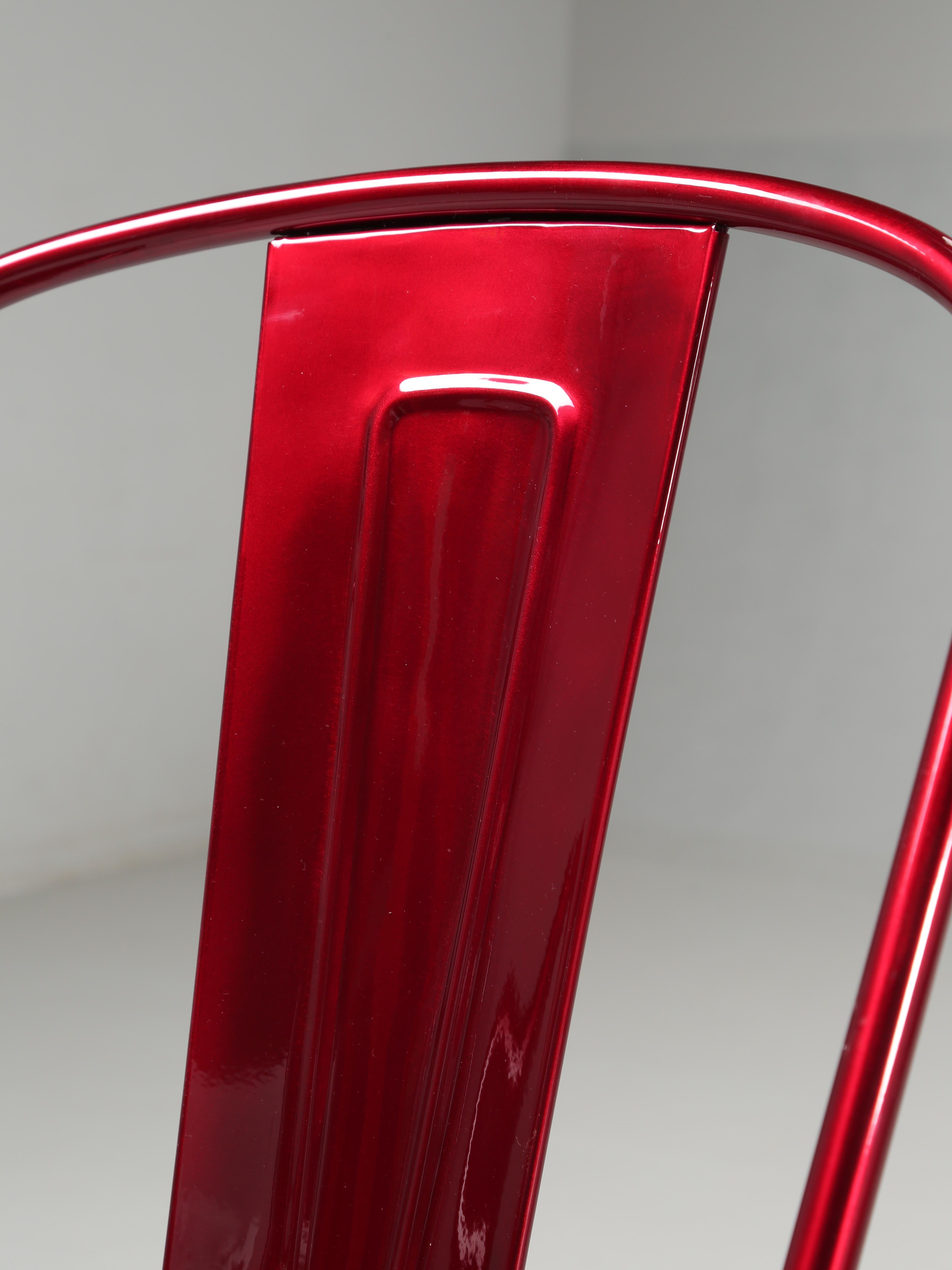 Tolix Set of (4) Steel Stacking Chairs in a Brilliant Candy Apple Red Metallic In Good Condition In Chicago, IL